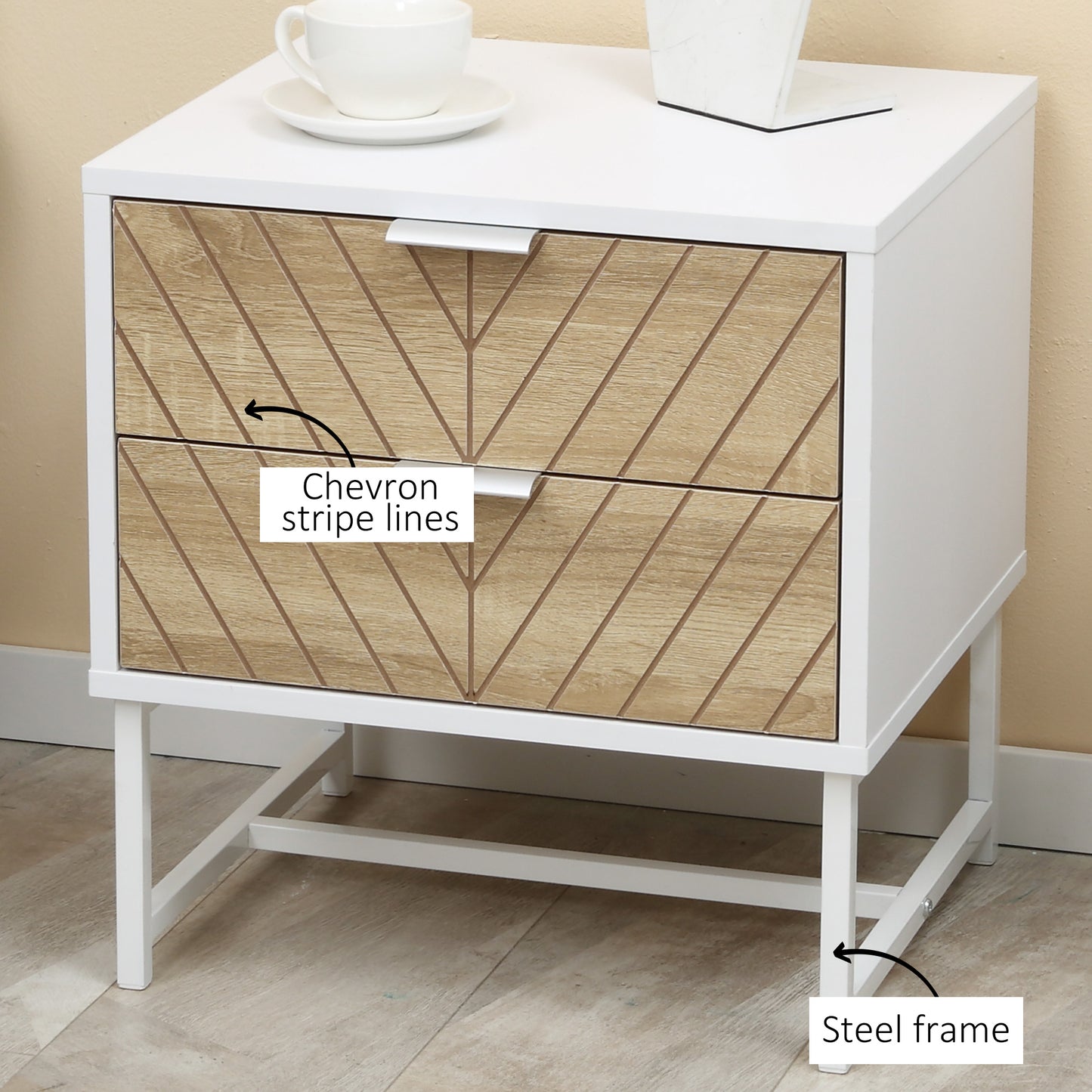 Modern White Oak Bedside Table with 2 Drawers, Steel Frame, 45cm Wide Nightstand