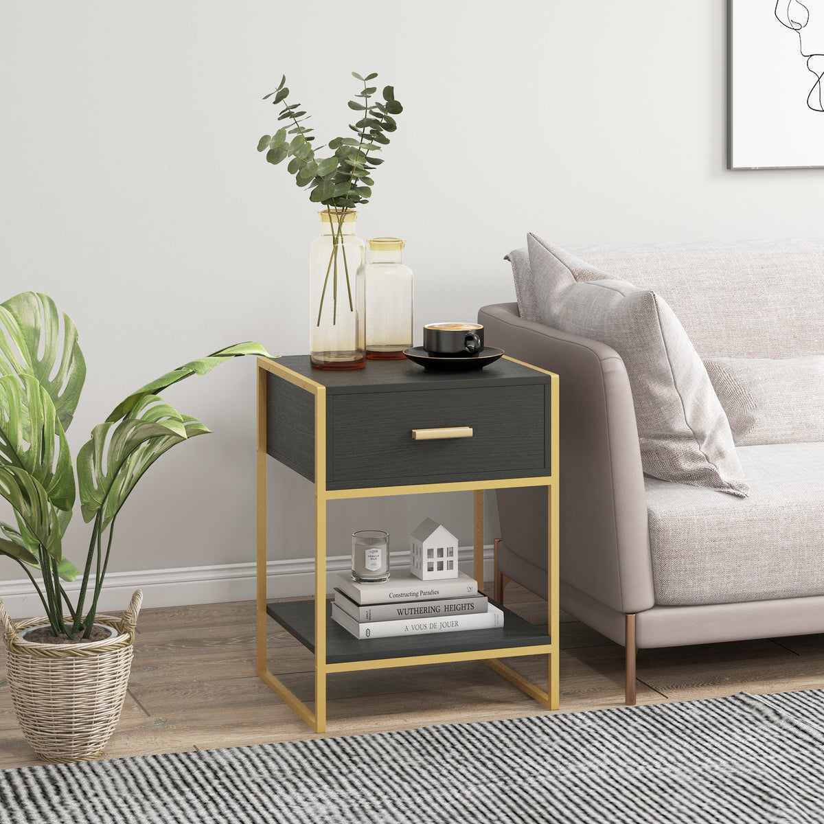 Nightstands with Drawer, Shelf and Steel Frame, Set of 2 – 18"W x 24"H