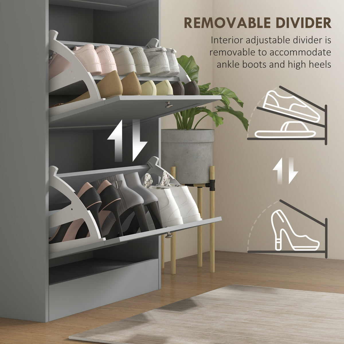Modern Shoe Storage with 3 Flip Drawers and Adjustable Shelves – 24"W x 45"H