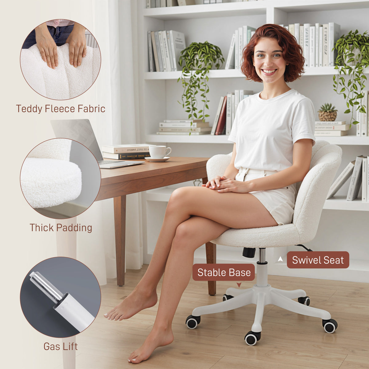 Office Chair, Armless Swivel Desk Chair with Adjustable Height, Backrest, Cream White
