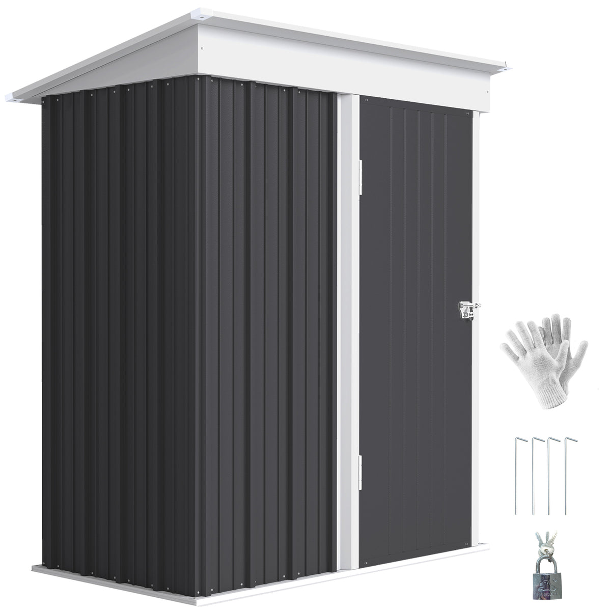 Outdoor Storage Shed, Steel Lean-to Shed with Adjustable Shelf, Lock, Gloves, 5'x3'x6' – Dark Grey