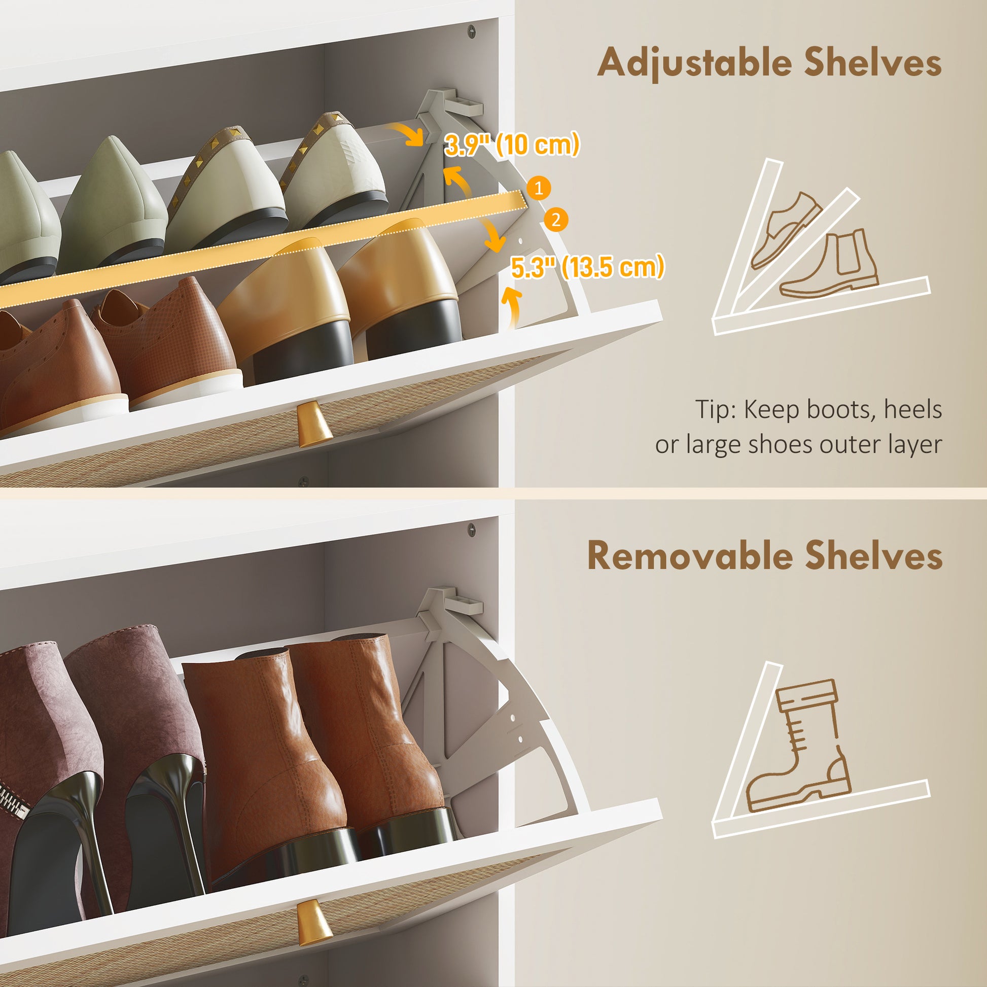 HOMCOM White Rattan Entryway Shoe Cabinet, 3 Flip Drawers, Adjustable Shelves