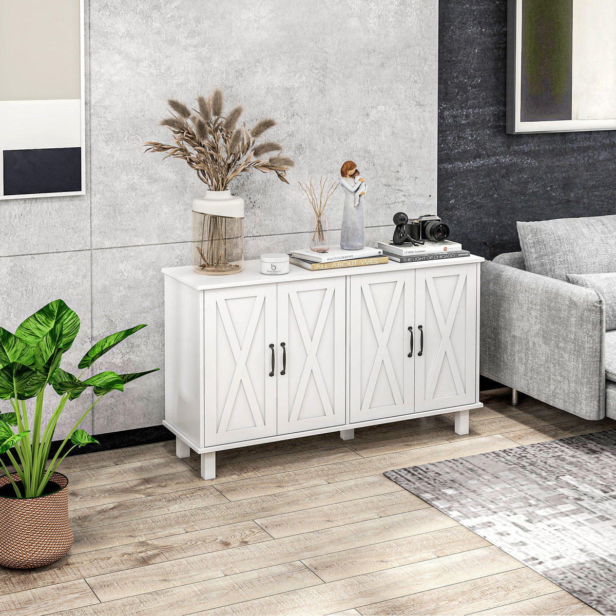 Kitchen Sideboard Cabinet with 4 Barn Doors and 2 Adjustable Shelves – 47"W x 30"H
