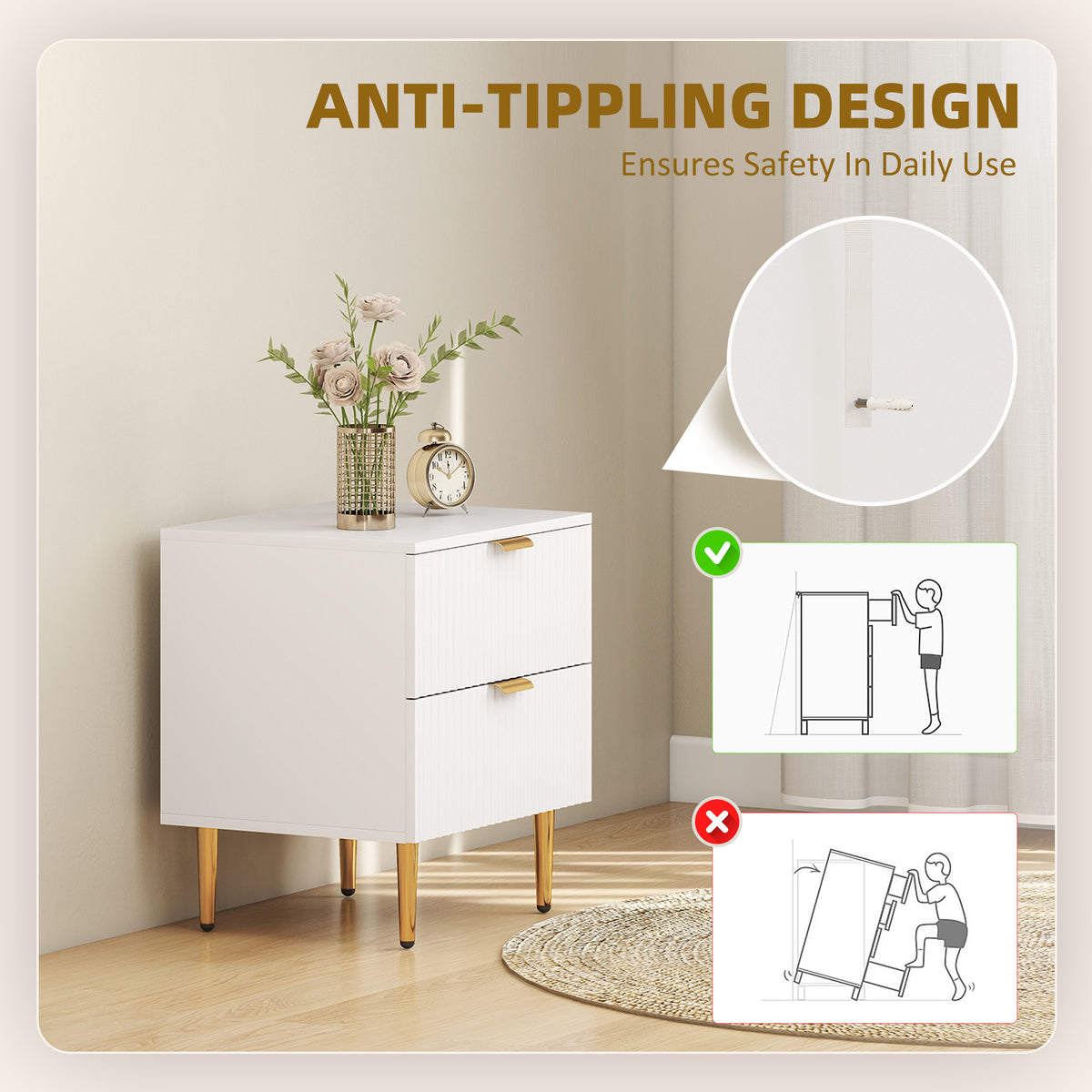 Modern 2-Drawer Nightstands with Metal Legs, Set of 2 – 19"W x 22"H