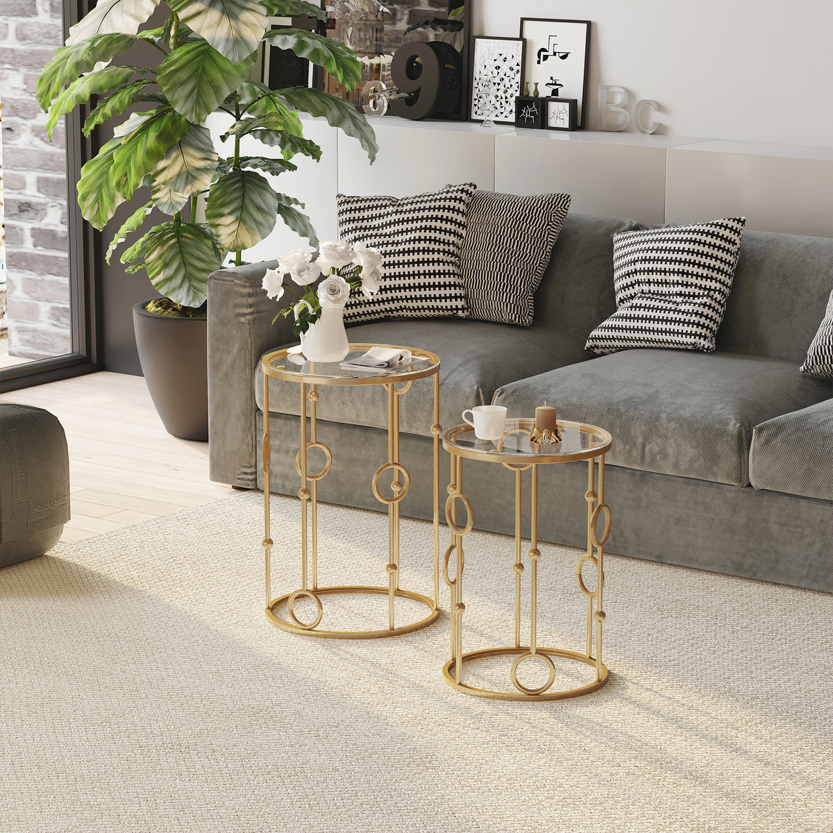 Gold Round Nesting Coffee Tables, Set of 2, Tempered Glass Top