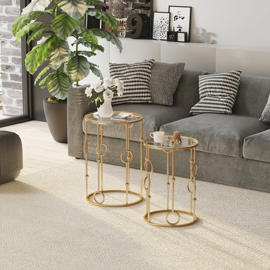 Gold Round Nesting Coffee Tables, Set of 2, Tempered Glass Top