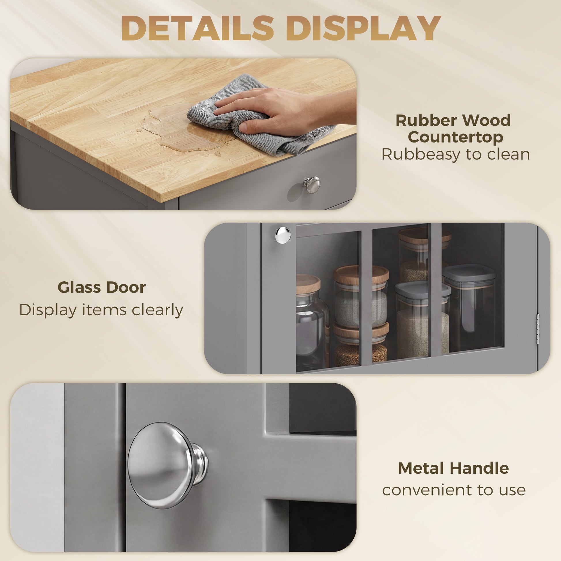 HOMCOM Rolling Kitchen Cart with Drawer and Glass Door Cabinet Dark Grey