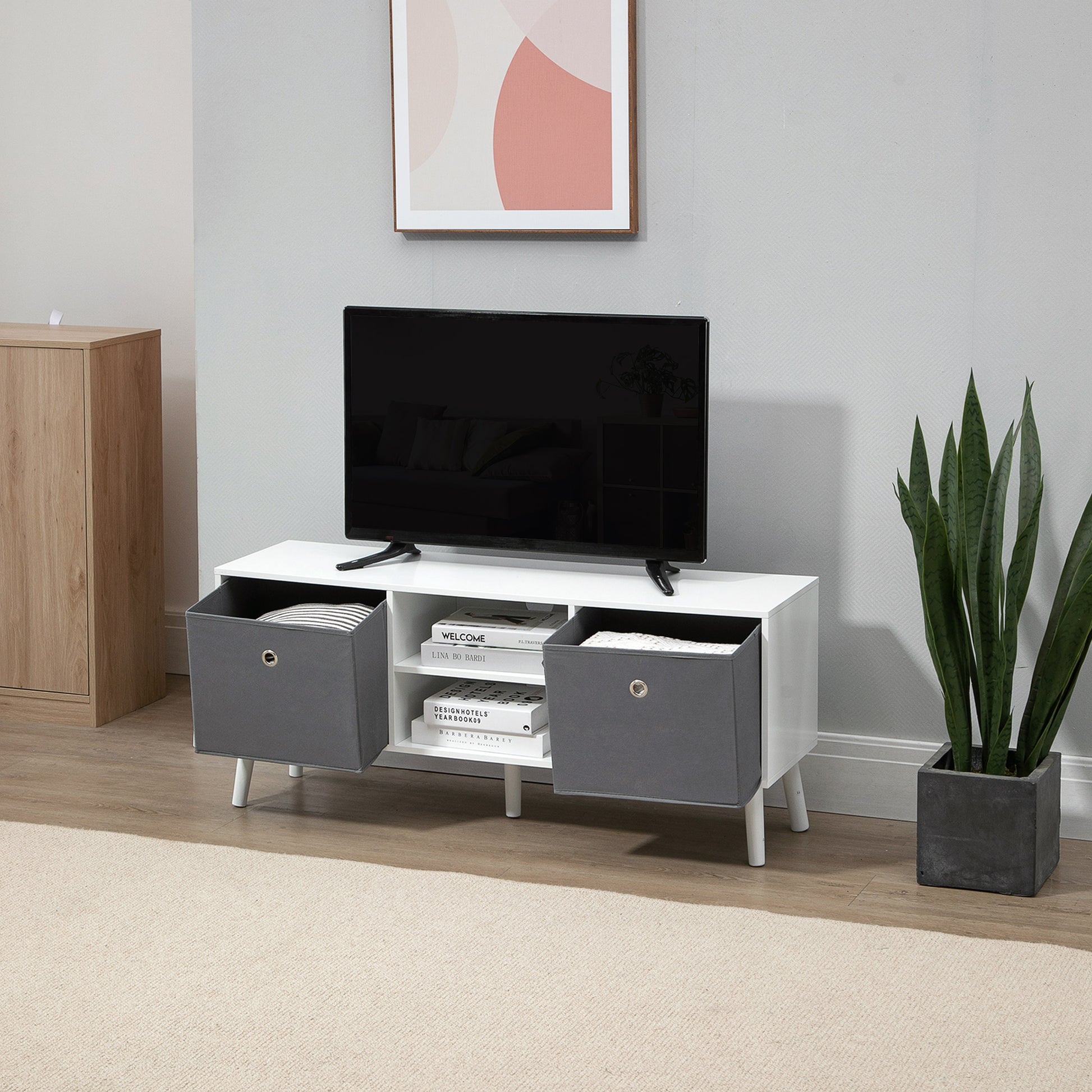 Modern TV Stand Cabinet with Foldable Grey Fabric Drawers and Shelves