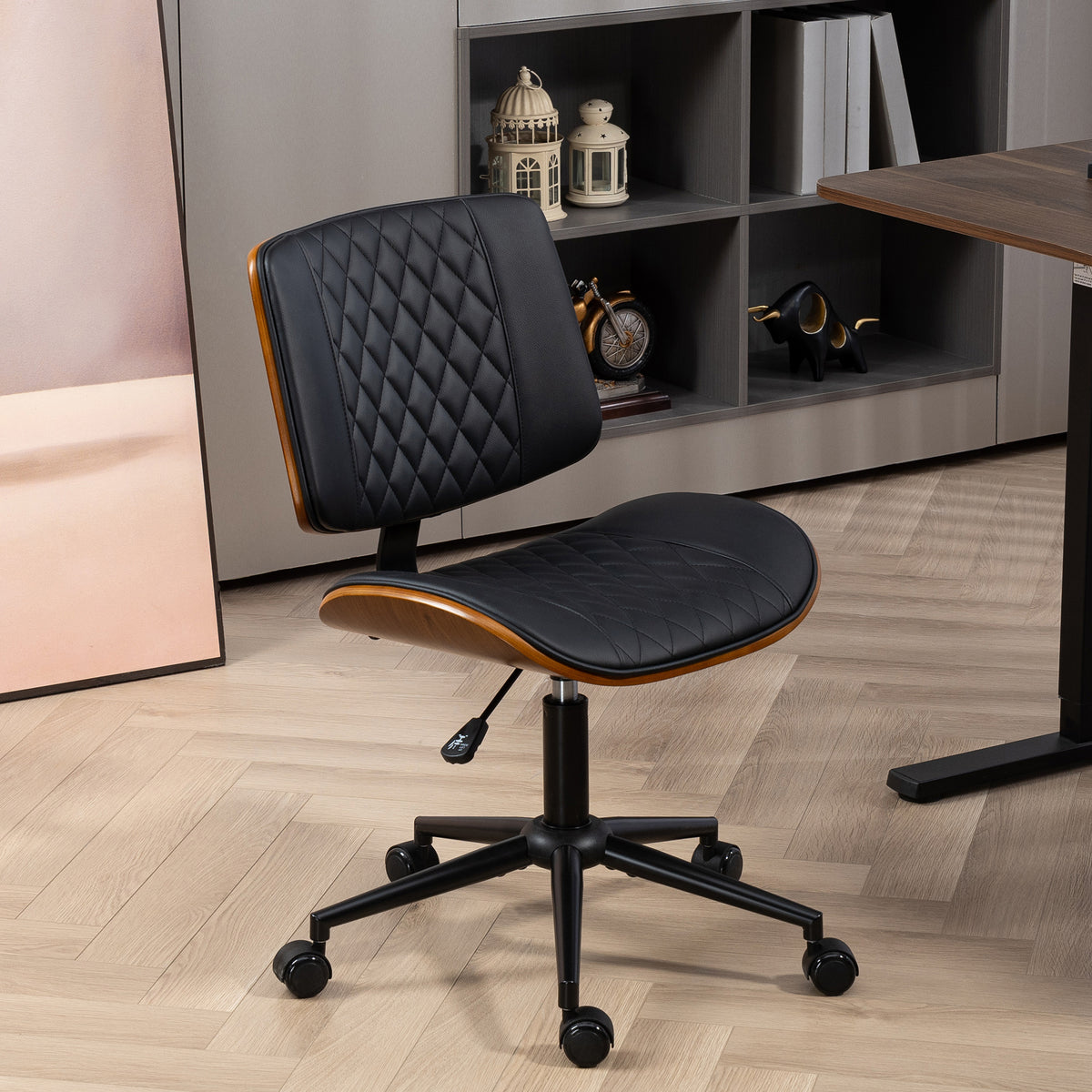 Office Chair No Arms with Wheels, PU Leather Desk Chair with Adjustable Height, Black