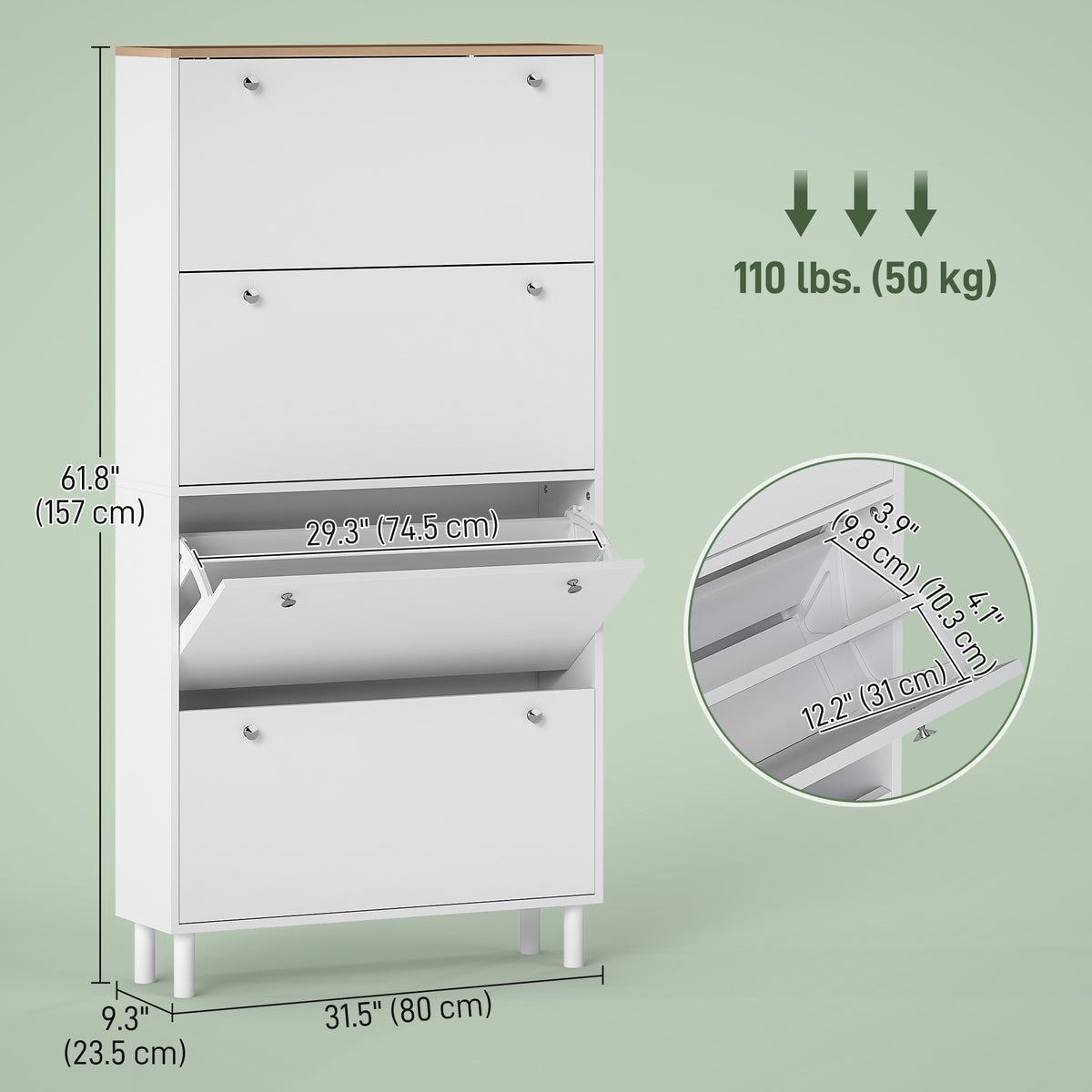 Narrow Shoe Cabinet with 4 Flip Drawers – 31"W x 62"H