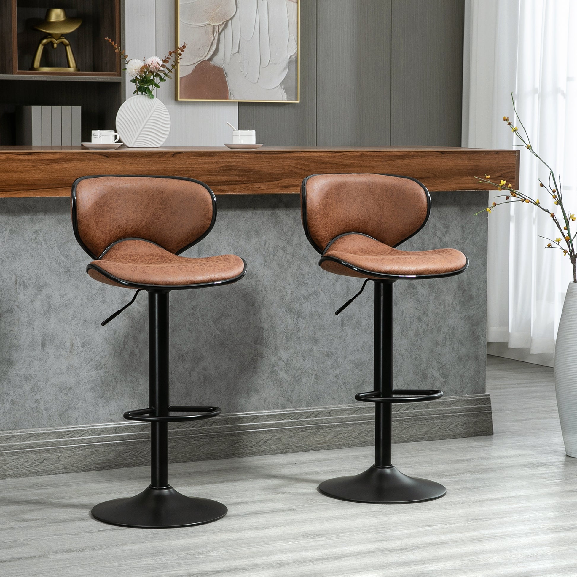 HOMCOM Vintage Brown Microfiber Adjustable Swivel Bar Stools, Set of 2