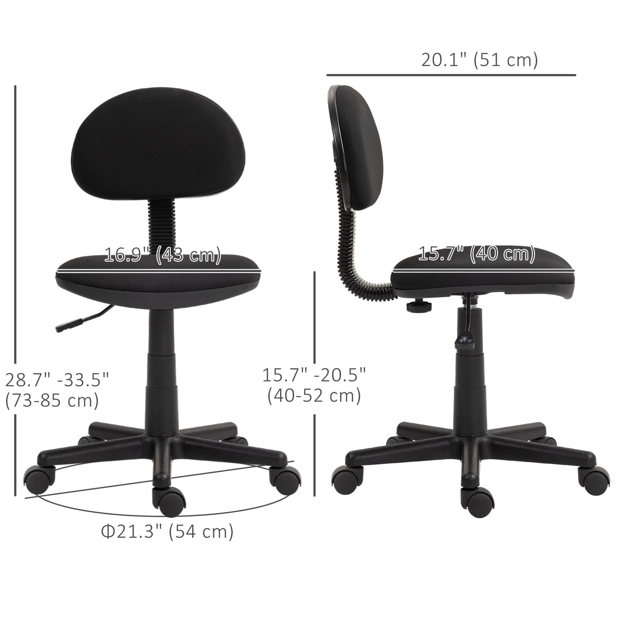 Small Desk Chair, Armless Office Chair with Adjustable Height, 360° Swivel Wheels, Black