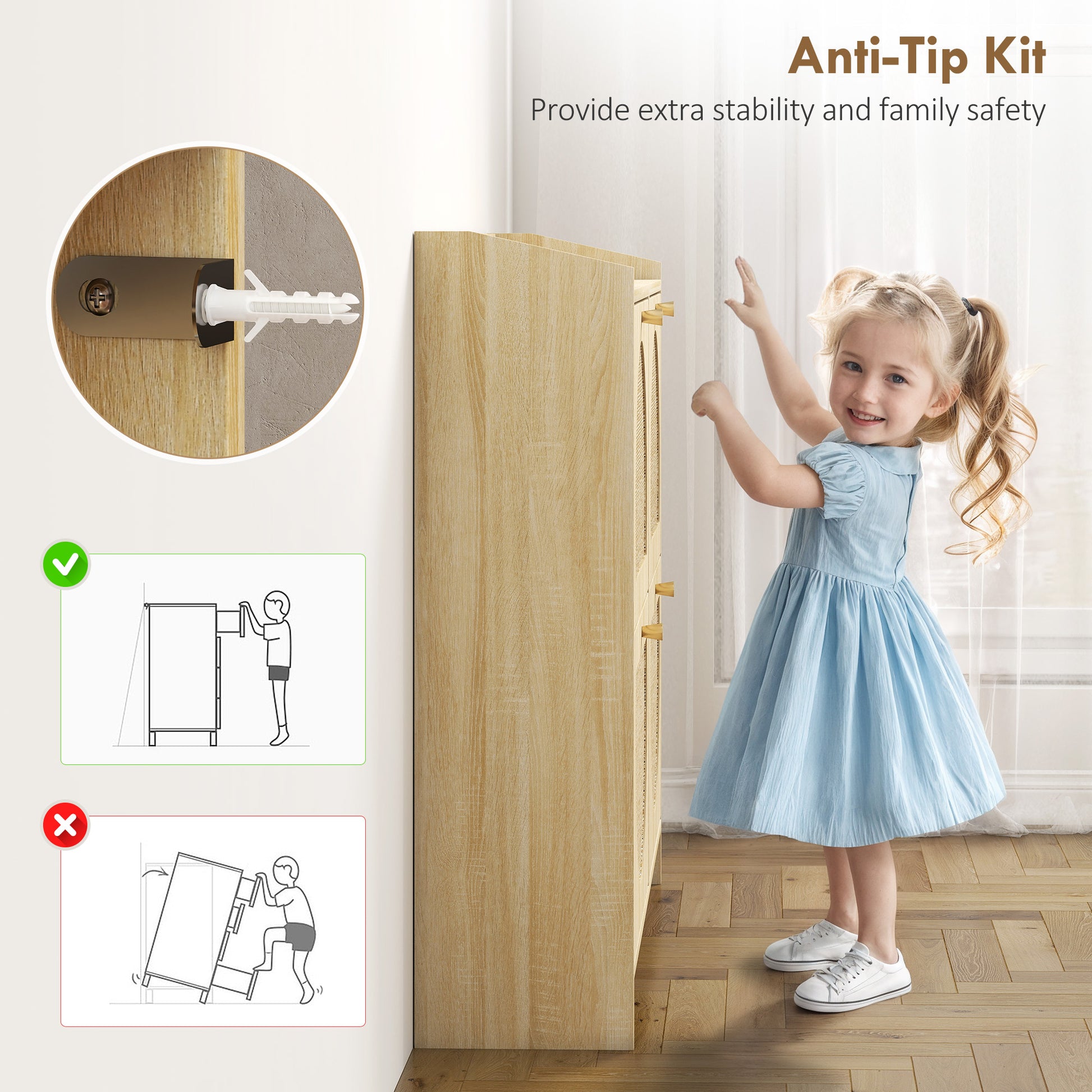 HOMCOM Natural Rattan 4-Flip Drawer Shoe Cabinet, Adjustable Shelves, Stores 16 Pairs