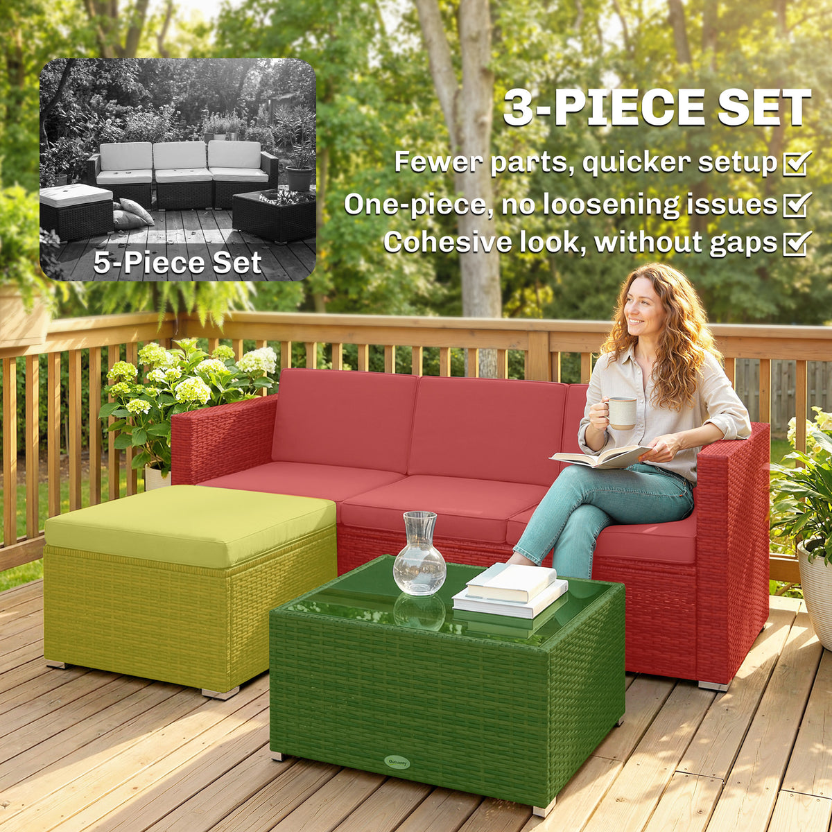 3 Pieces Patio Furniture Set with Cushions, Outdoor PE Rattan Wicker Conversation Corner Sofa Set with Glass Top Table – Brown, Light Grey