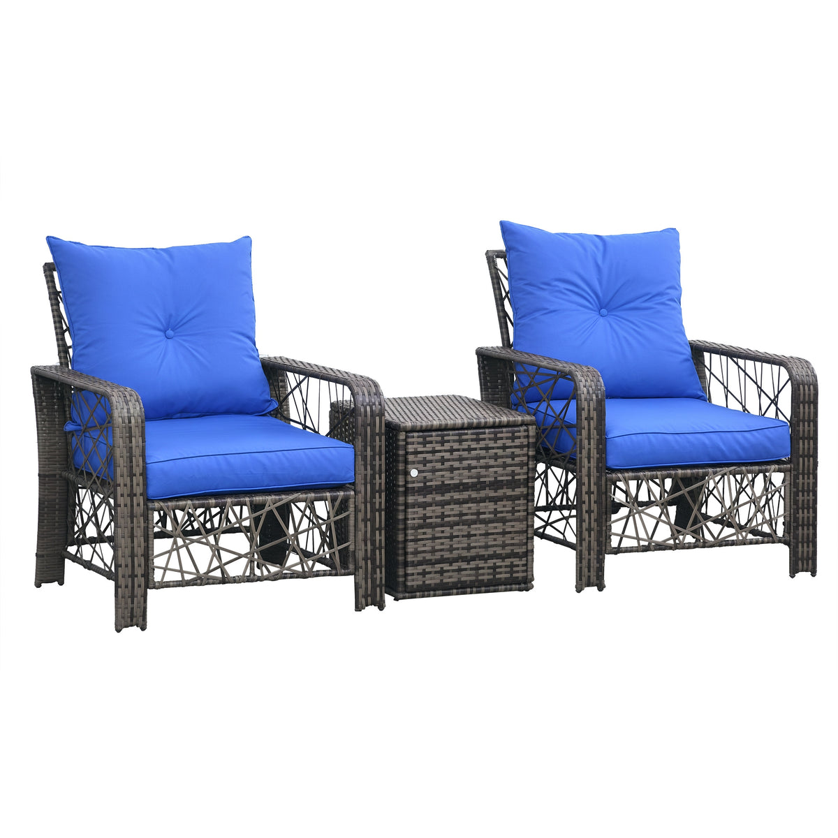 3 Pieces Wicker Patio Furniture Set, Rattan Bistro Set with Storage Coffee Table and Thickened Cushions, Outdoor Conversation Set for Garden, Porch, Balcony