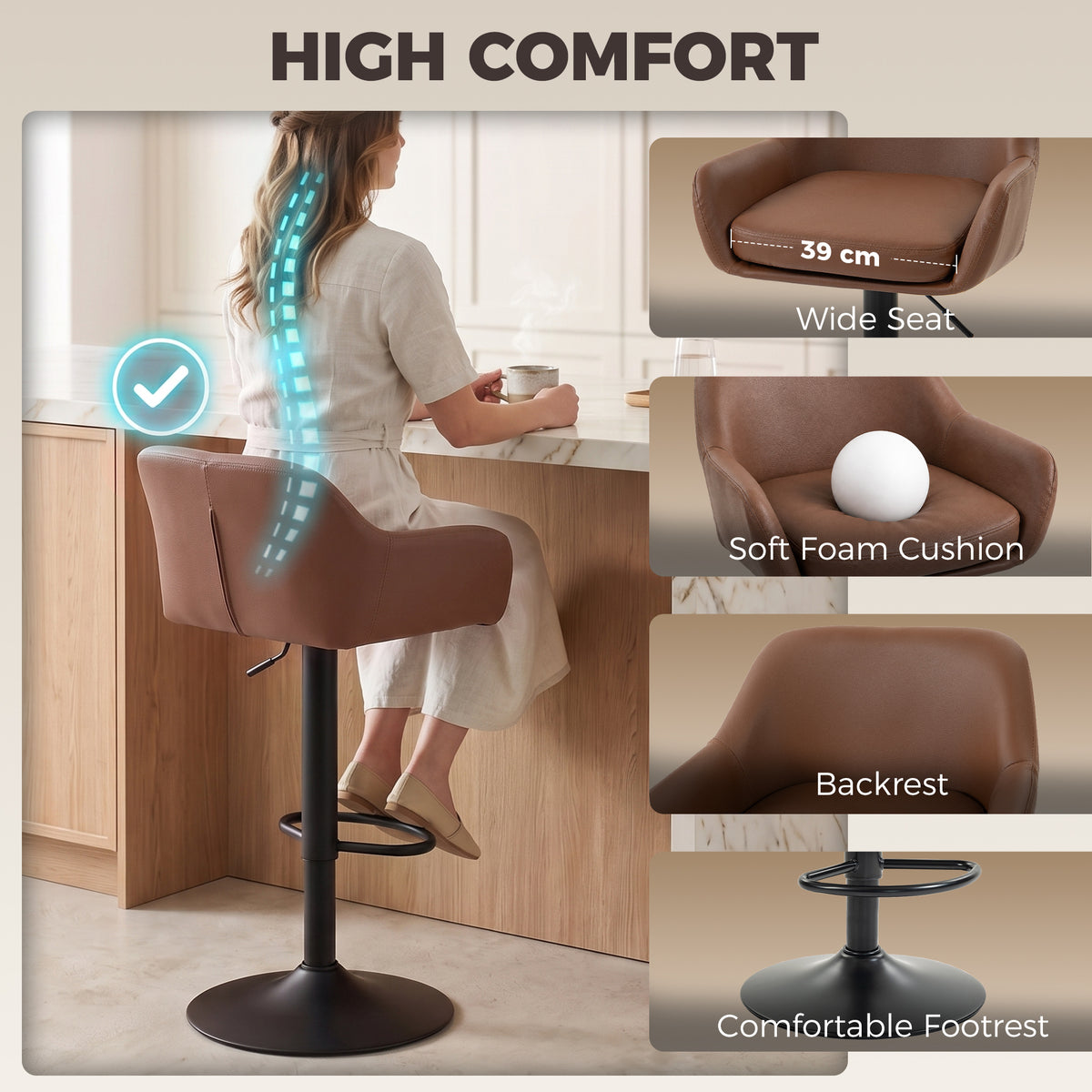 PU Leather Swivel Counter Stools with Arms and Backrest, Adjustable, Set of 2, Brown