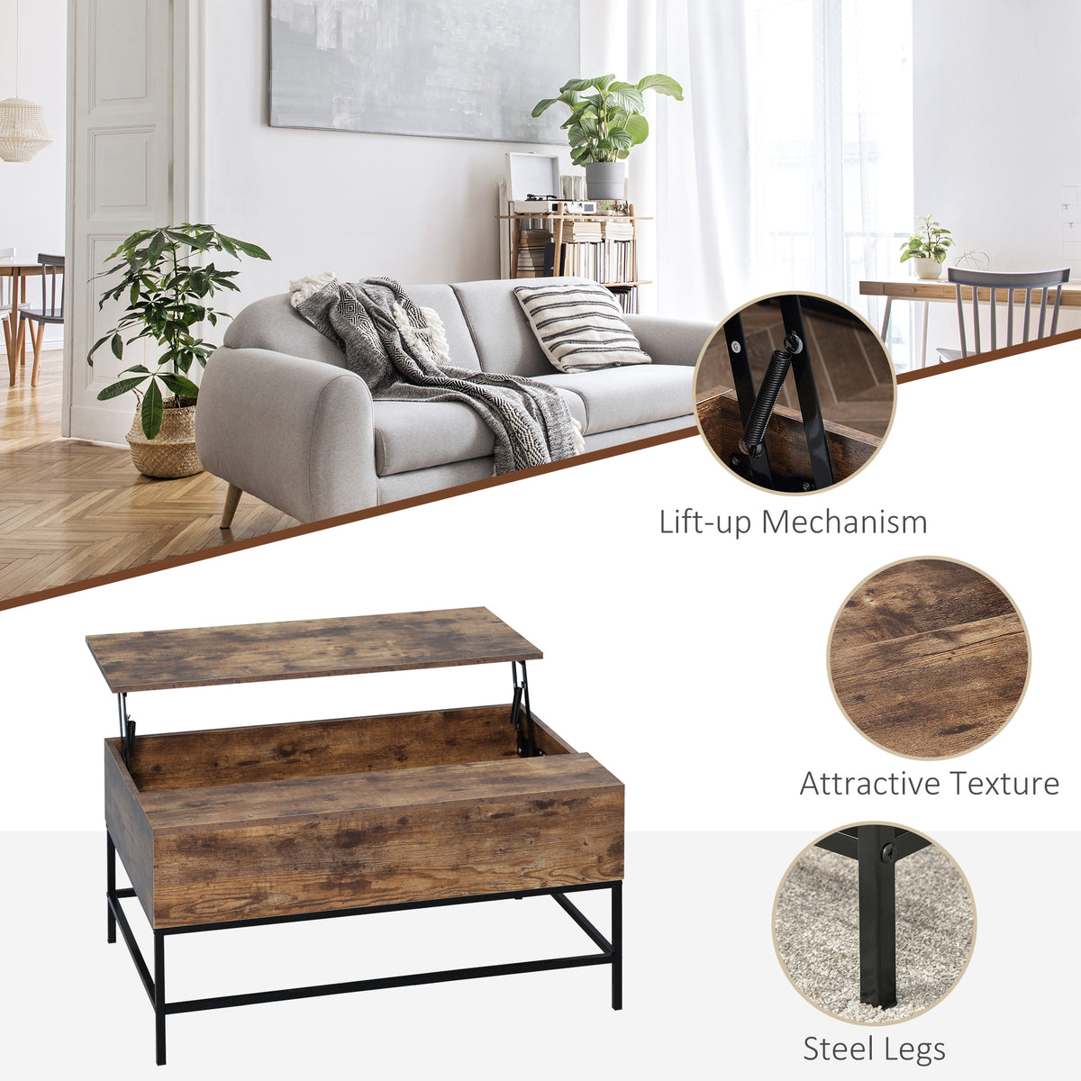 Lift-Top Coffee Table with Hidden Storage and Steel Legs, Rustic Brown