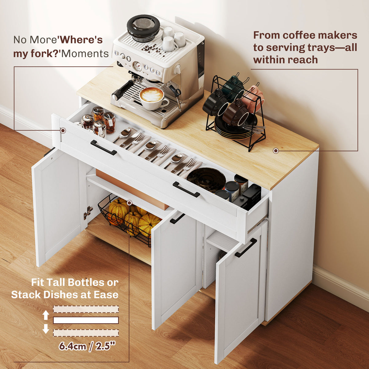 Modern Coffee Bar Cabinet with Wide Drawer – 39"W x 31"H