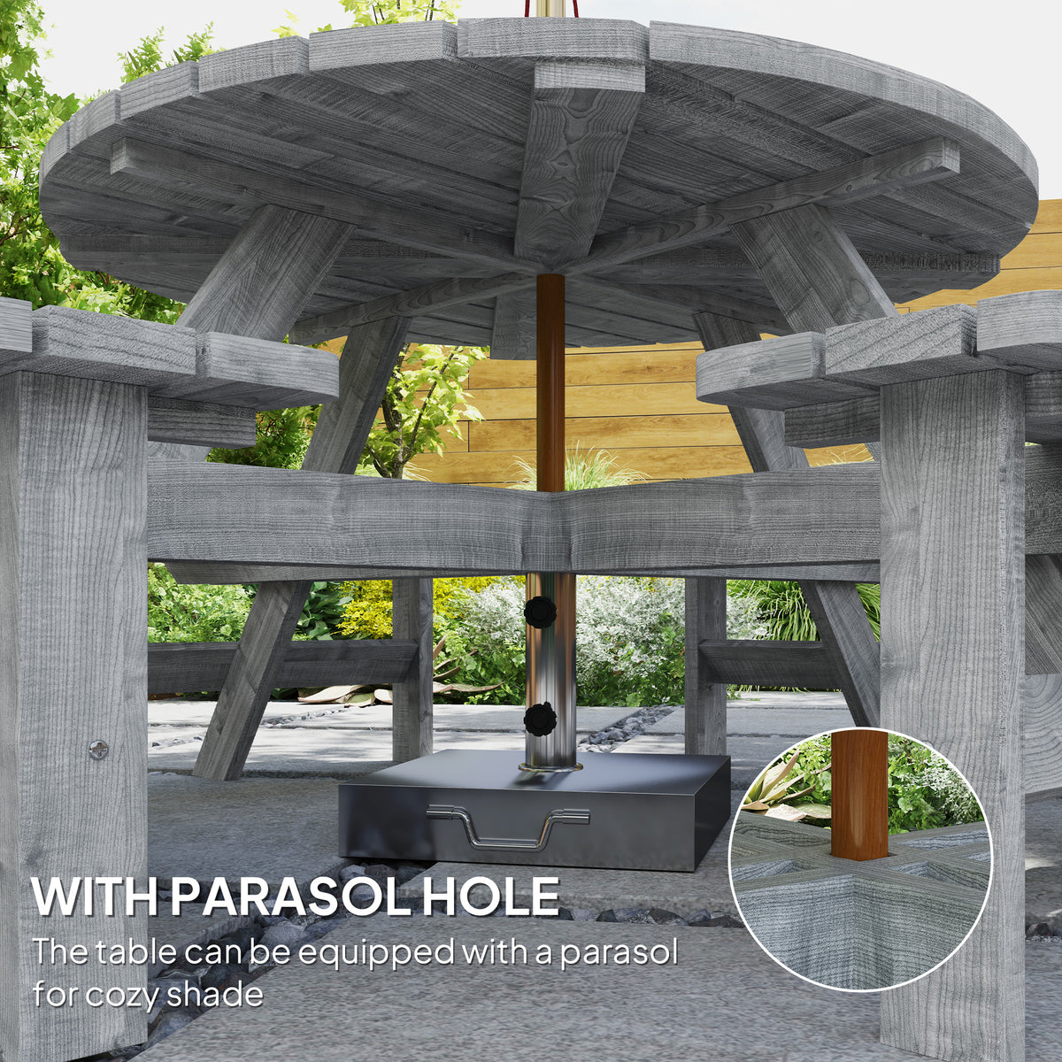 8 Seater Round Wooden Pub Bench & Picnic Table, Patio Dining Set for Outdoor Patio (Umbrella Not Included) – Grey