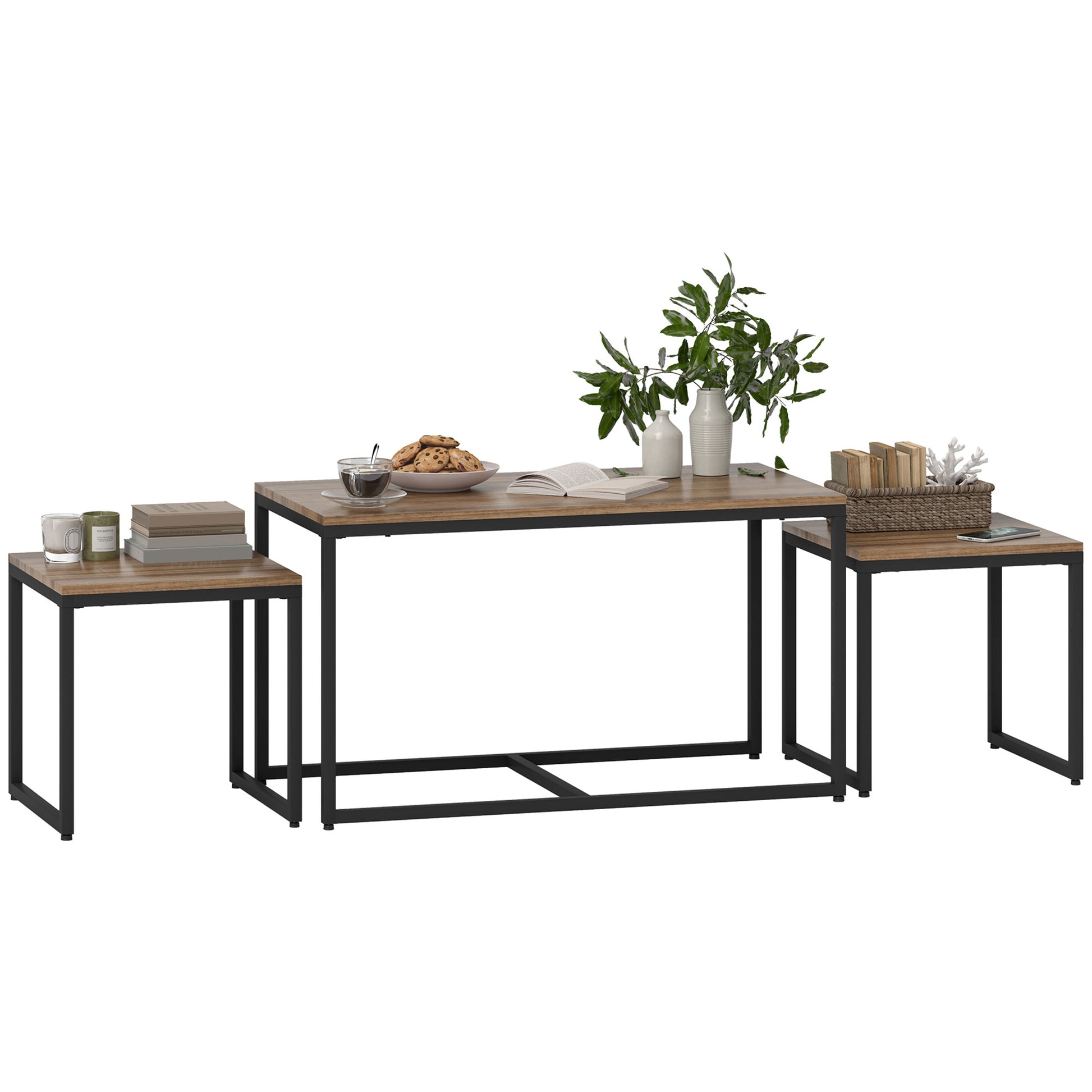 HOMCOM 3-Piece Modern Nesting Coffee & End Tables Set, Brown Wood Grain