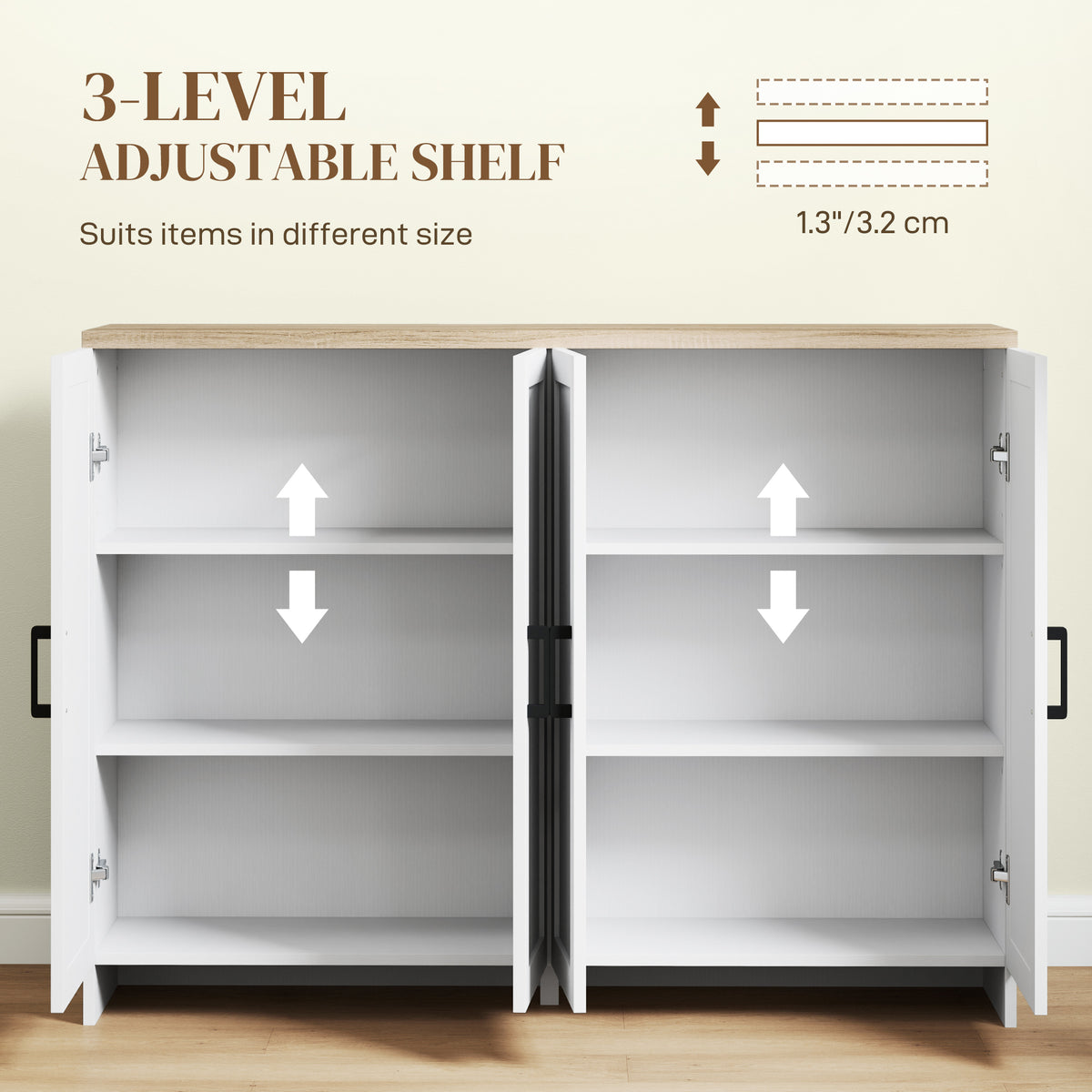 Modern Kitchen Storage Cabinet with 4 Doors Adjustable Shelves – 47"W x 35"H