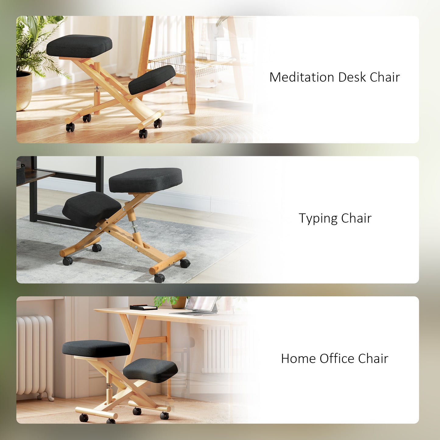 HOMCOM Ergonomic Kneeling Posture Chair: Rubberwood Frame, Rolling Wheels, Black