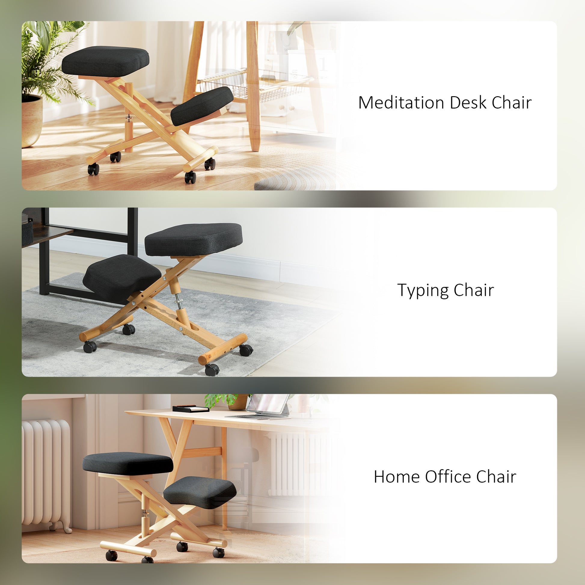 HOMCOM Ergonomic Kneeling Posture Chair: Rubberwood Frame, Rolling Wheels, Black
