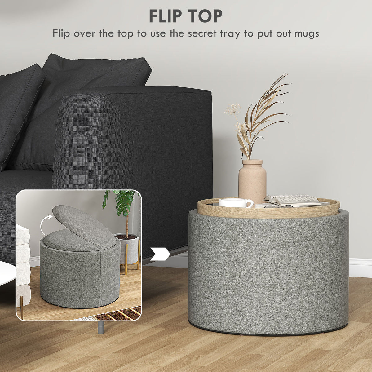 Round Storage Ottoman Coffee Table with Tray Top, Linen Upholstered