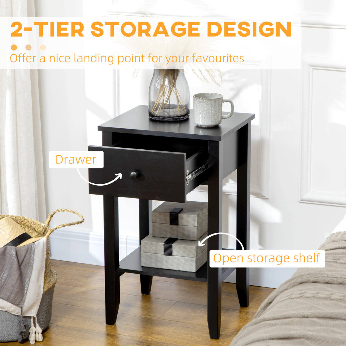 2-Tier Nightstands with Drawer and Shelf, Set of 2 – 16"W x 26"H