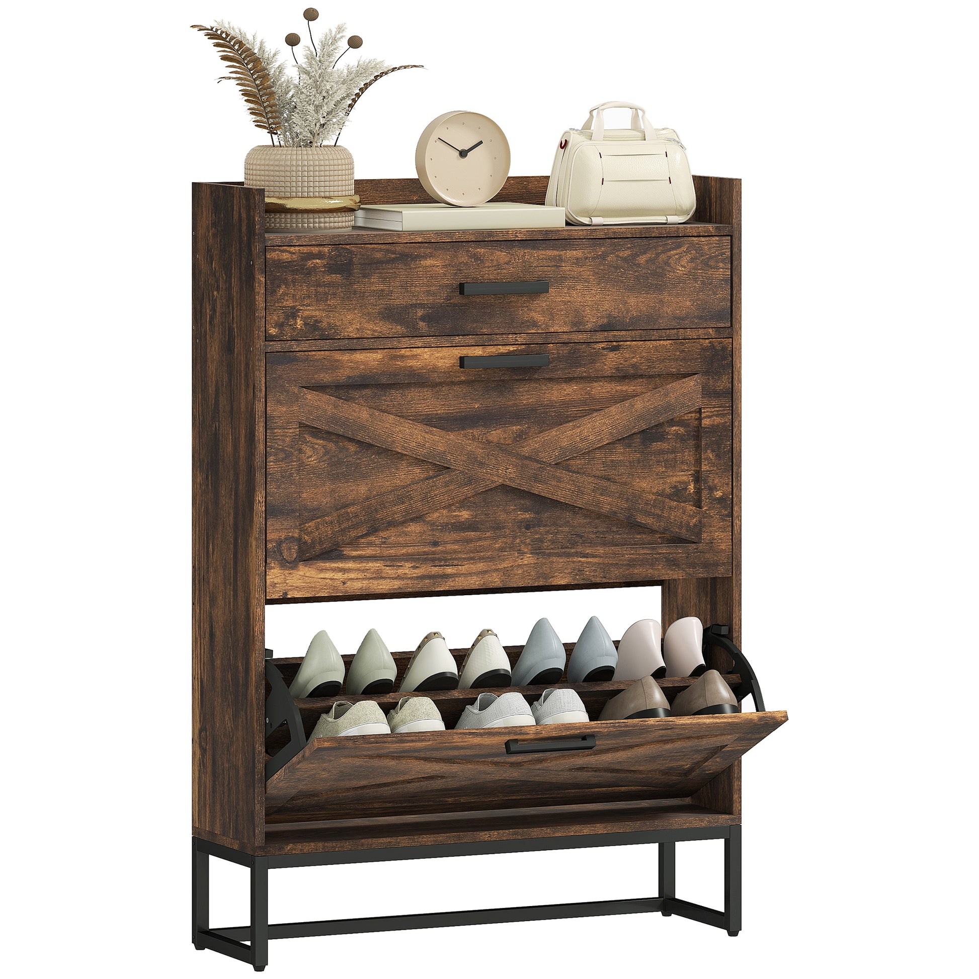 HOMCOM Slim Rustic Brown Shoe Cabinet: 2 Flip Drawers, Adjustable Shelves, 12 Pair Storage Organizer