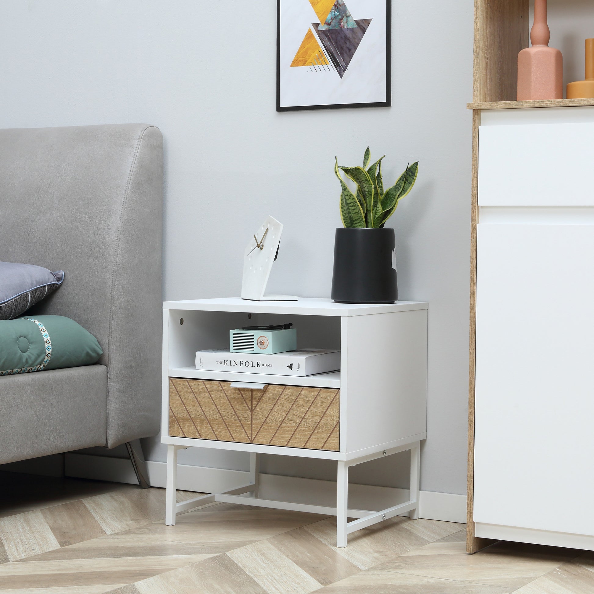 Modern Bedside Table with Drawer and Shelf, White Oak Nightstand