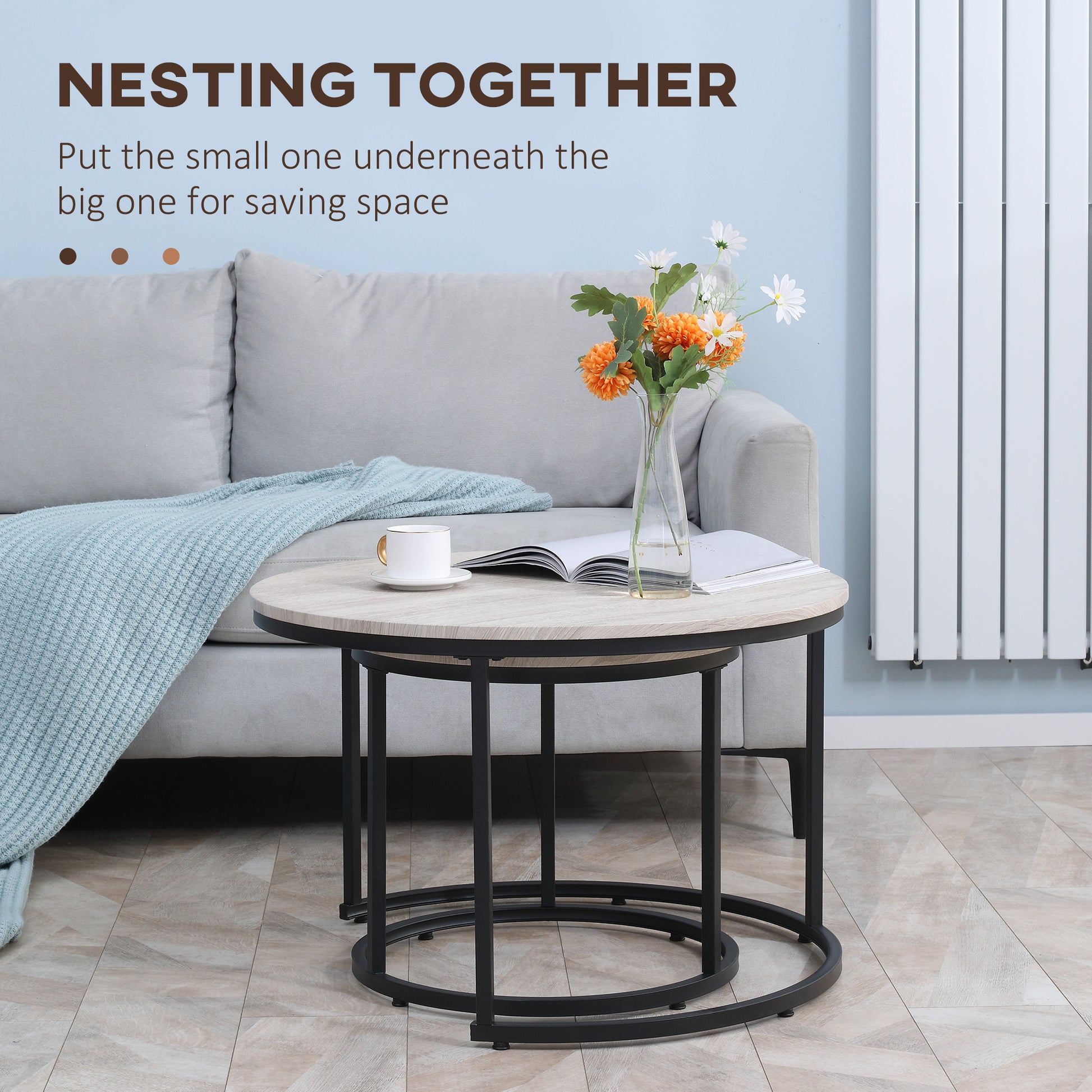 HOMCOM Modern Round Nesting Coffee Tables Set, Metal Frame, Grey Wood Grain