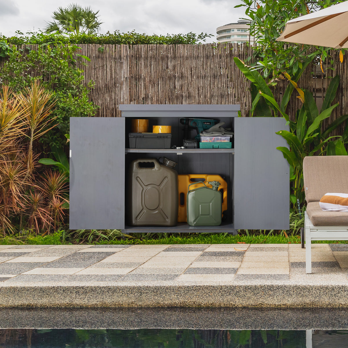 Garden Storage Cabinet, Outdoor Tool Shed with Galvanized Top and Two Shelves for Yard Tools and Pool Accessories