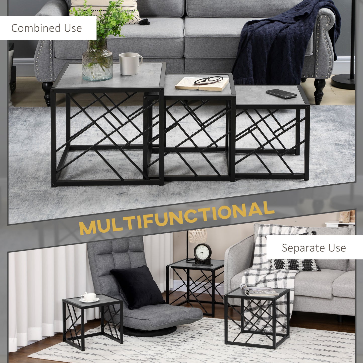 HOMCOM 3-Piece Square Nesting Coffee Tables Grey Marble Top Metal Frame