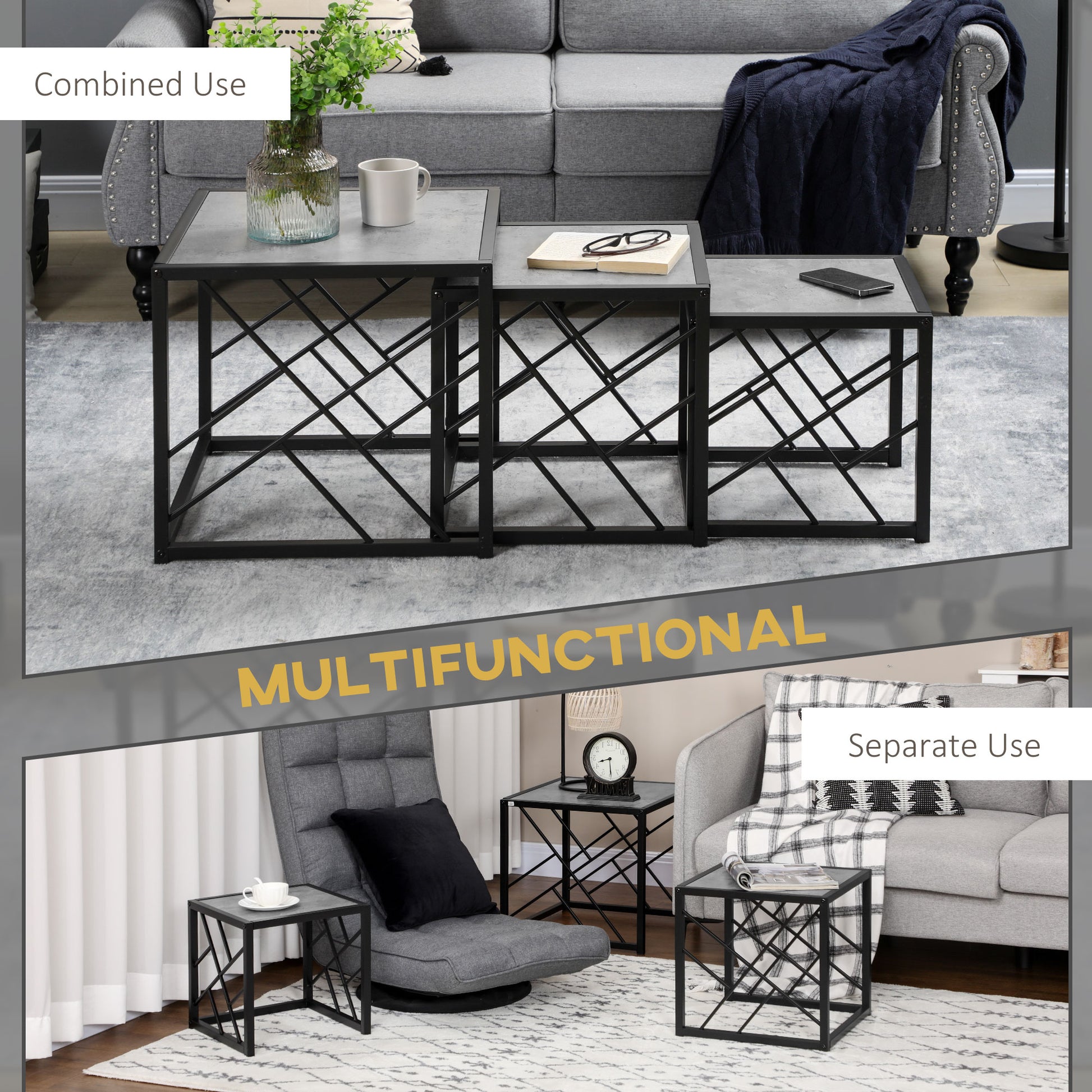 HOMCOM 3-Piece Square Nesting Coffee Tables Grey Marble Top Metal Frame