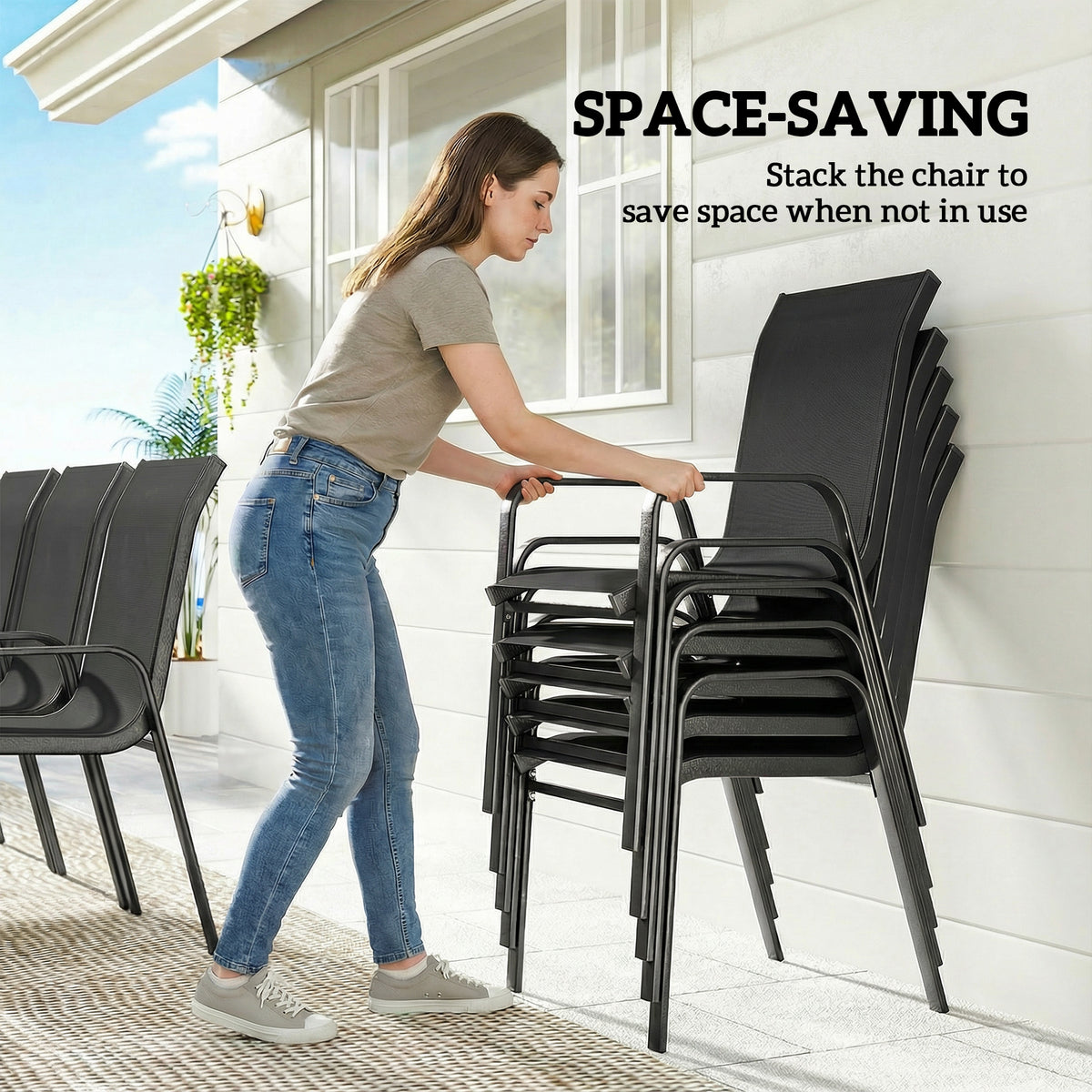 Outdoor Dining Sets for 8 with Stackable Chairs, Patio Dining Set with Glass Top Table for Garden, Patio, Backyard – Black