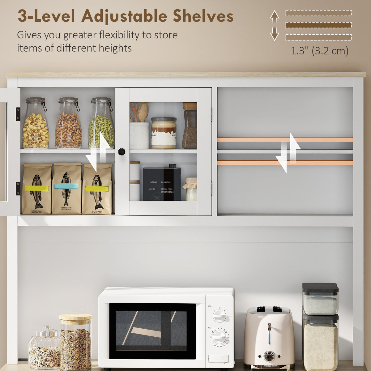 Kitchen Pantry with Charging Station, Microwave Stand and Trash Can Cabinet – 44"W x 69"H