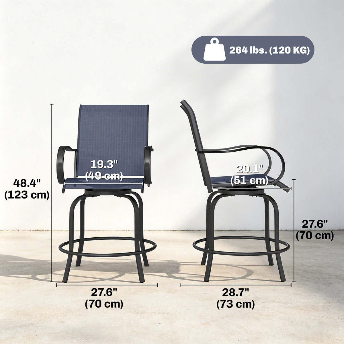 Outdoor Bar Stools Set of 2, 360° Swivel Bar Height Chairs, 26.8" x 29.5" x 48.4", Tan – Navy Blue