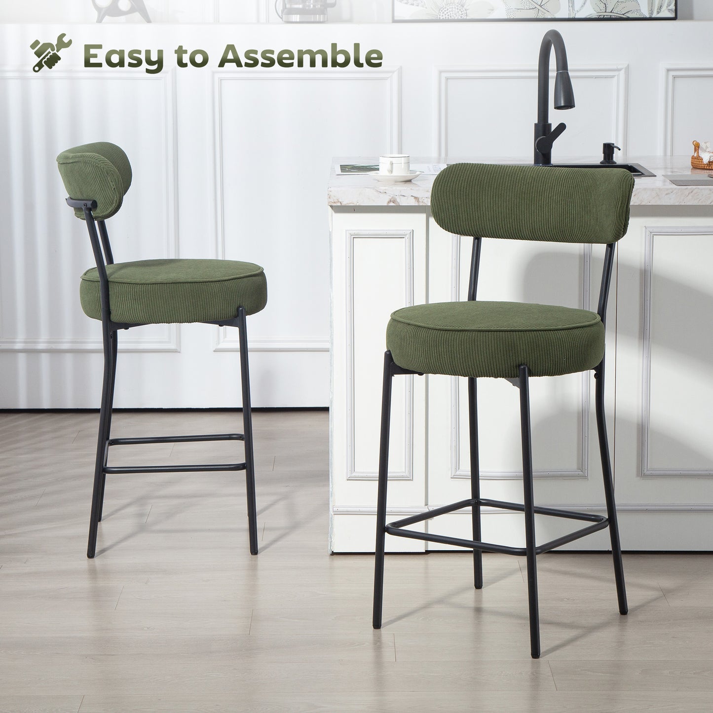 HOMCOM Set of 2 Green Corduroy Bar Stools with Backrest, Footrest