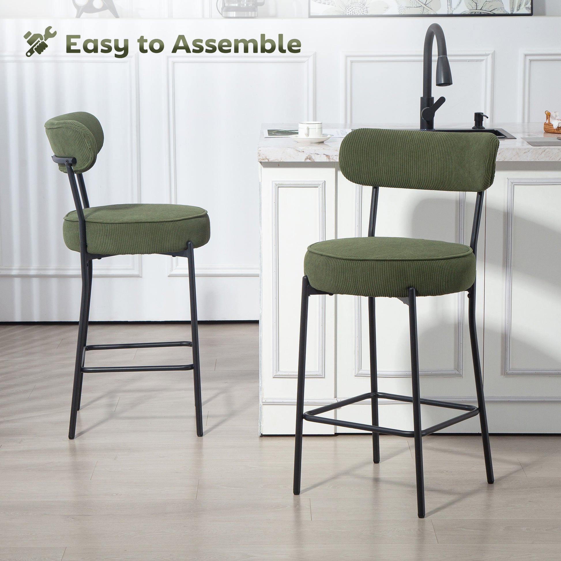 HOMCOM Set of 2 Green Corduroy Bar Stools with Backrest, Footrest