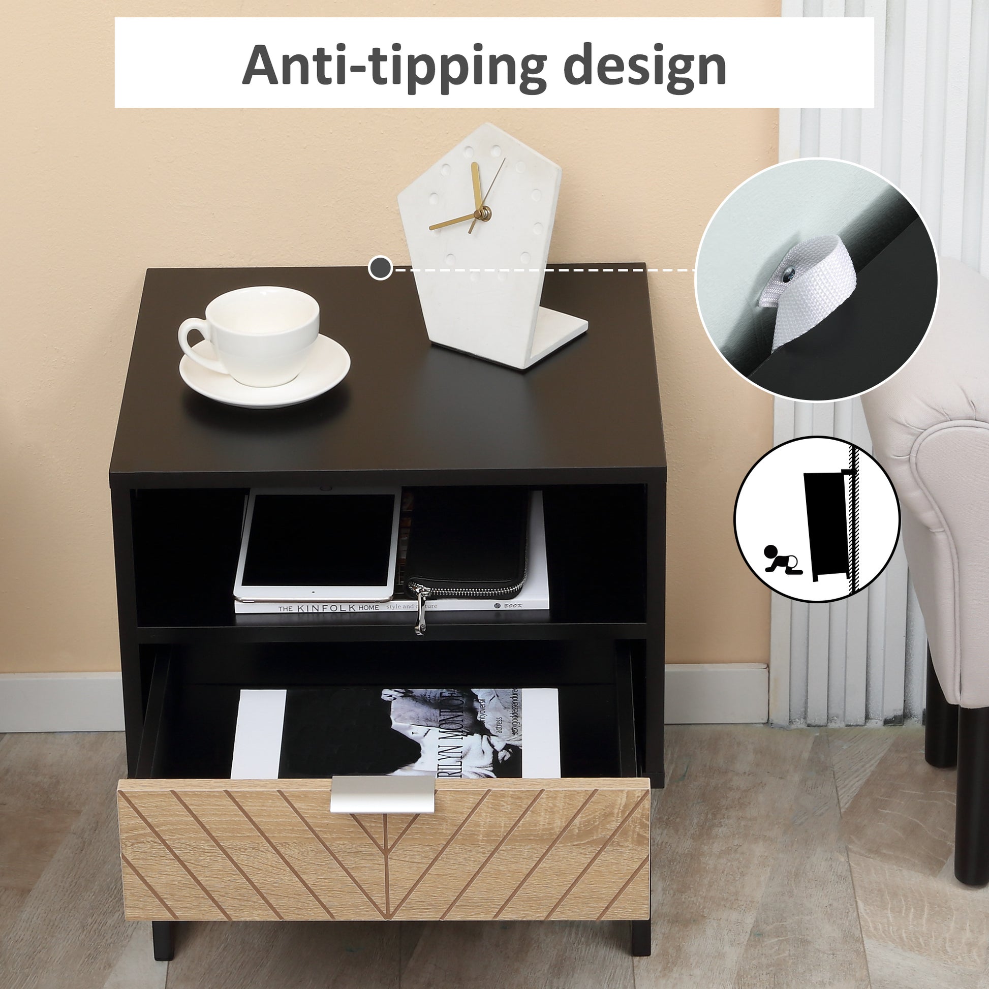 Modern HOMCOM Bedside Table Nightstand with Drawer, Storage Shelf - Black & Oak