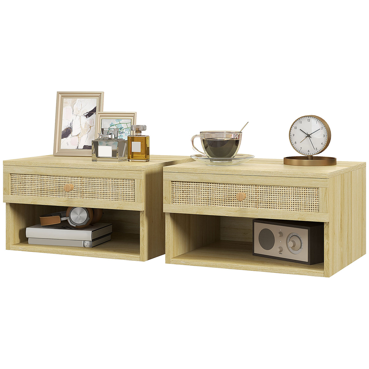 Nordic Floating Nightstands with Drawer and Shelf, Set of 2 – 16"W x 9"H