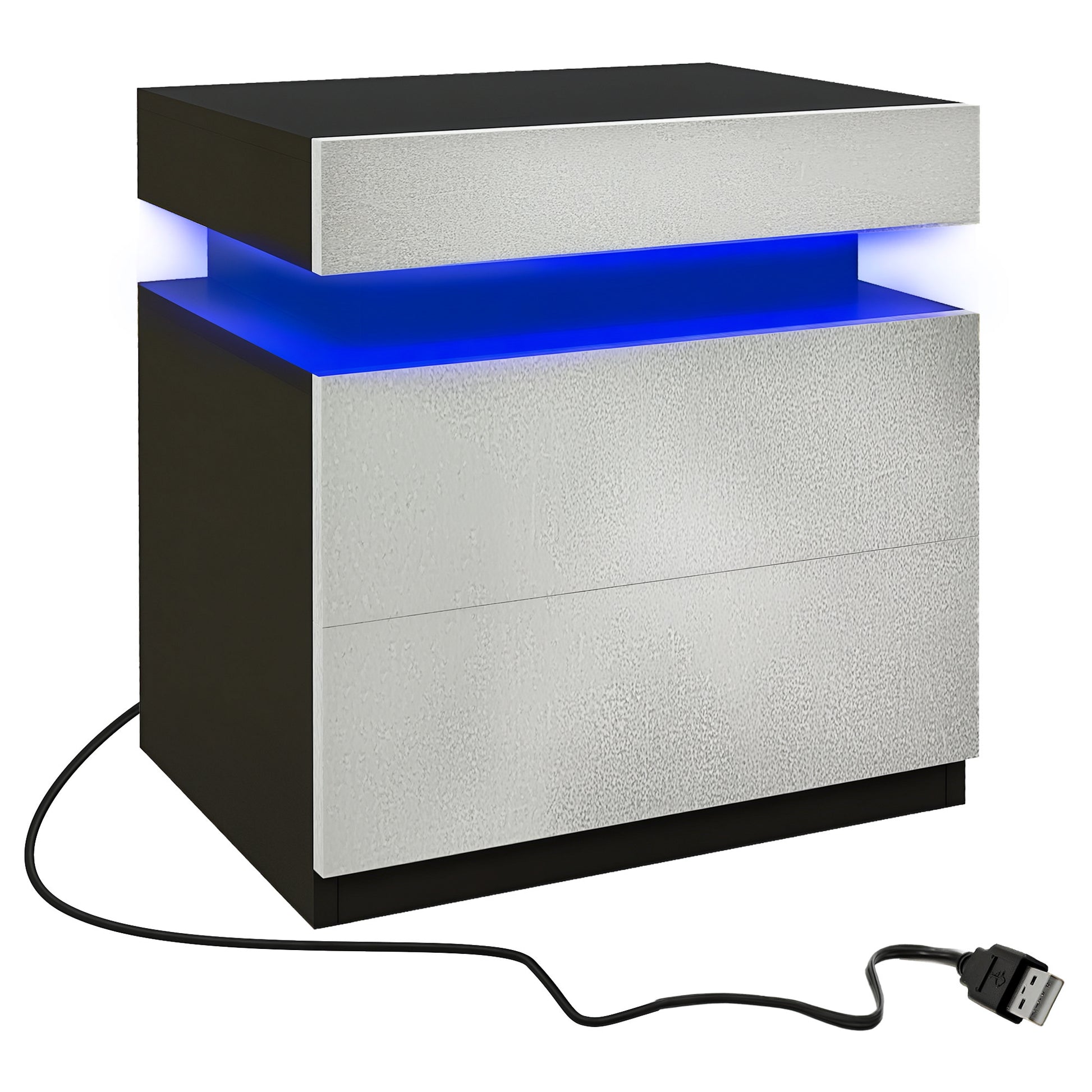 Modern High Gloss Nightstand Bedside Table with LED Lights, 2 Drawers, Grey