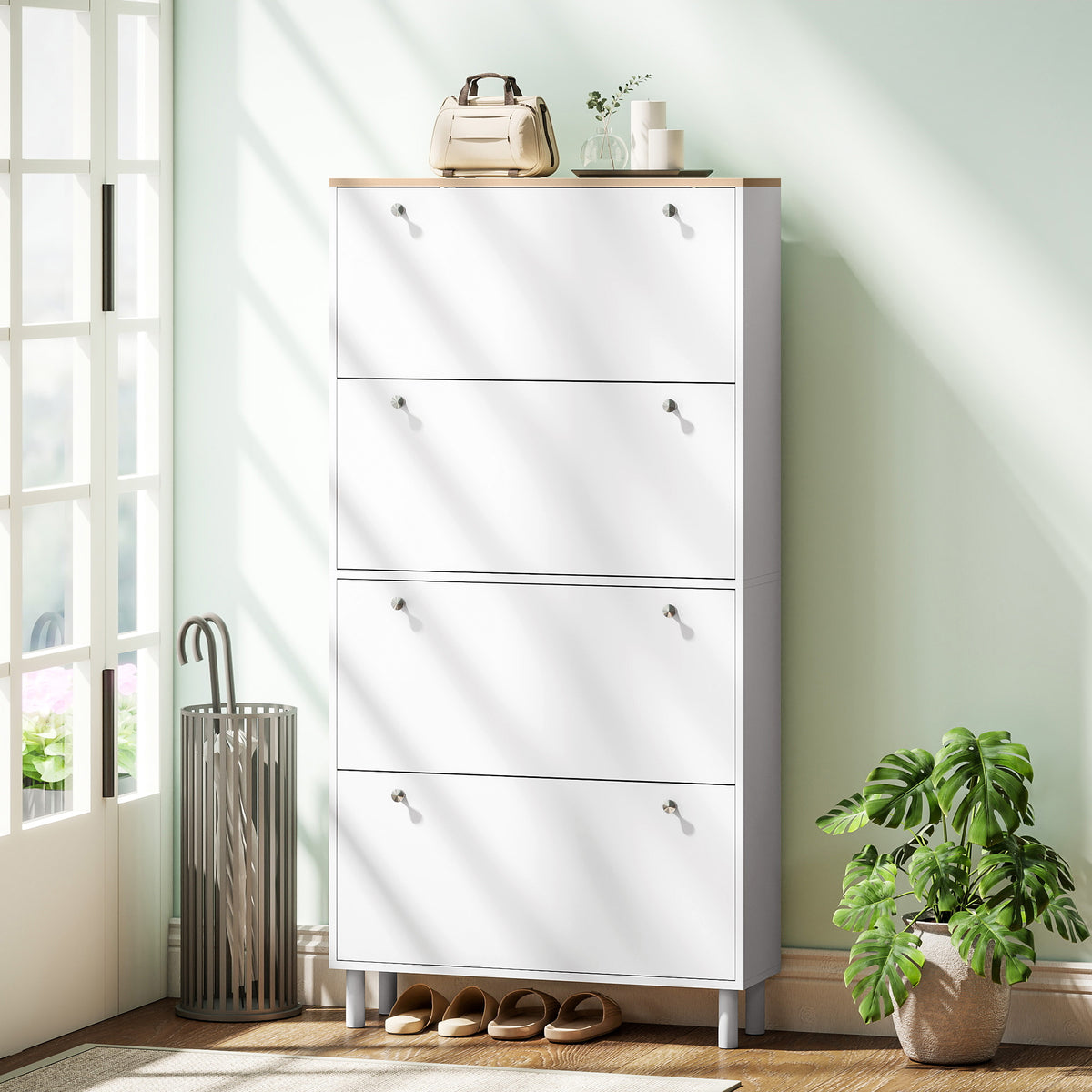 Narrow Shoe Cabinet with 4 Flip Drawers – 31"W x 62"H