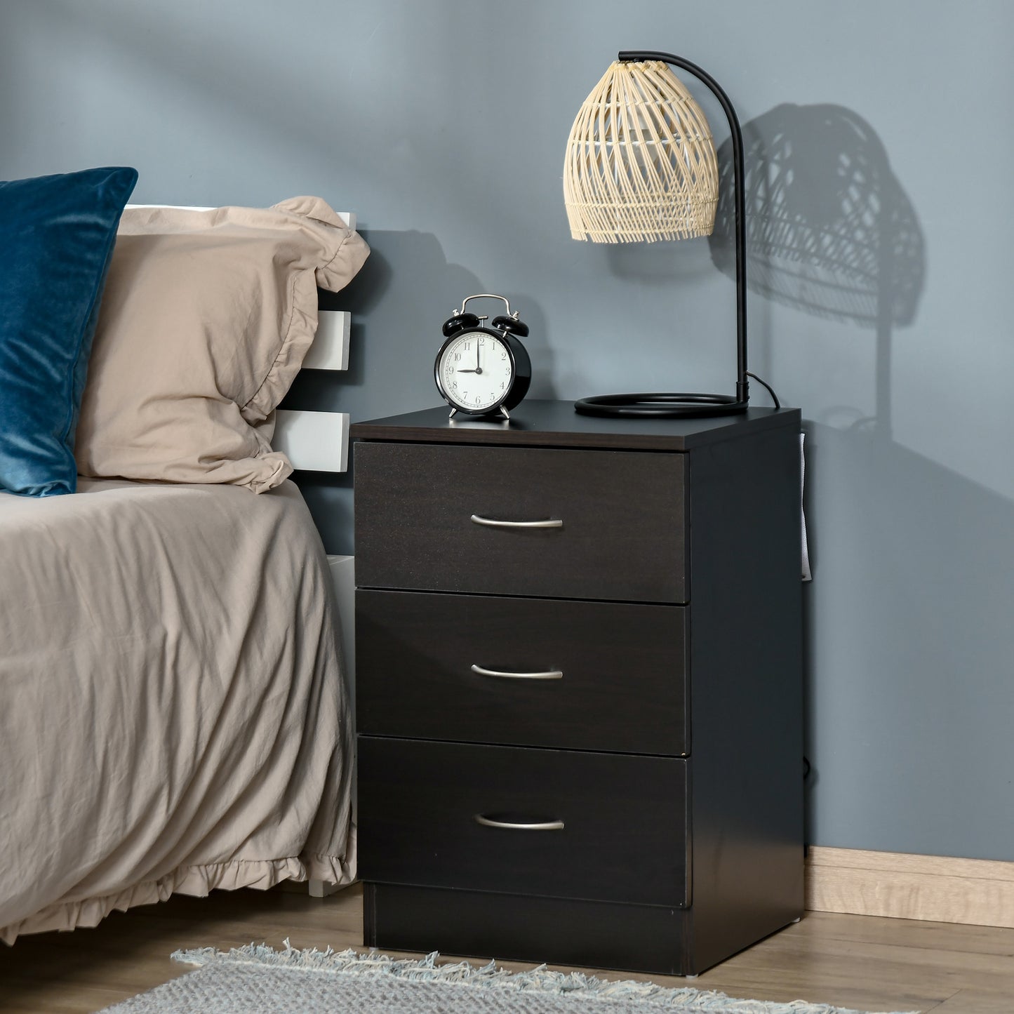 HOMCOM Modern Bedside Table, 3-Drawer Storage Cabinet, Wooden Nightstand for Bedroom