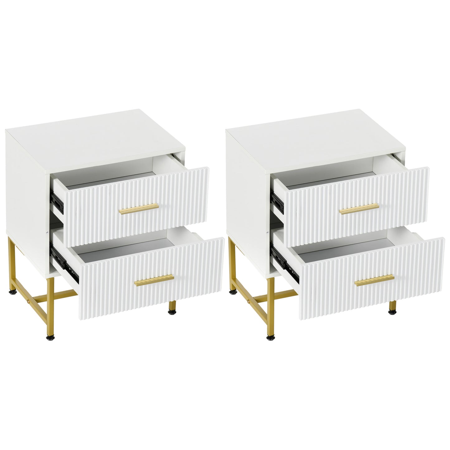 Modern White Nightstands Set, 2 Fluted Drawers, Gold Legs, Bedroom Storage Tables