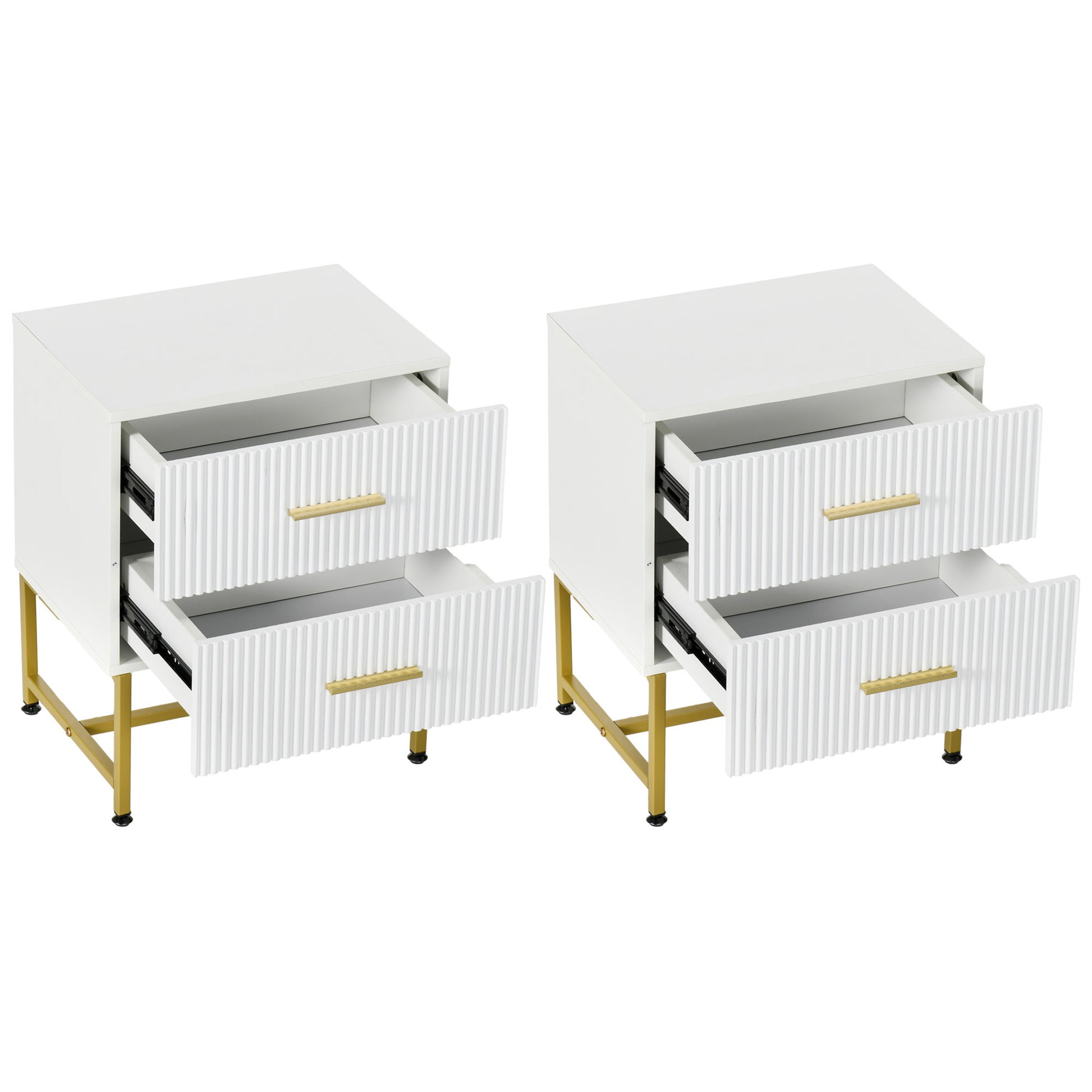 Modern White Nightstands Set, 2 Fluted Drawers, Gold Legs, Bedroom Storage Tables