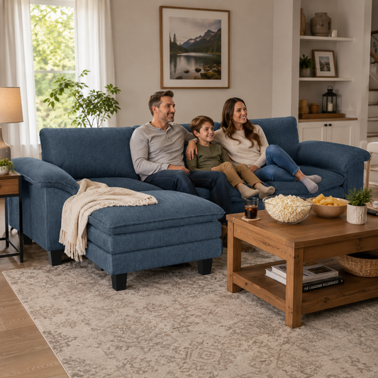 Deep-Seat L-Shaped Sectional with Movable Ottoman – Blue