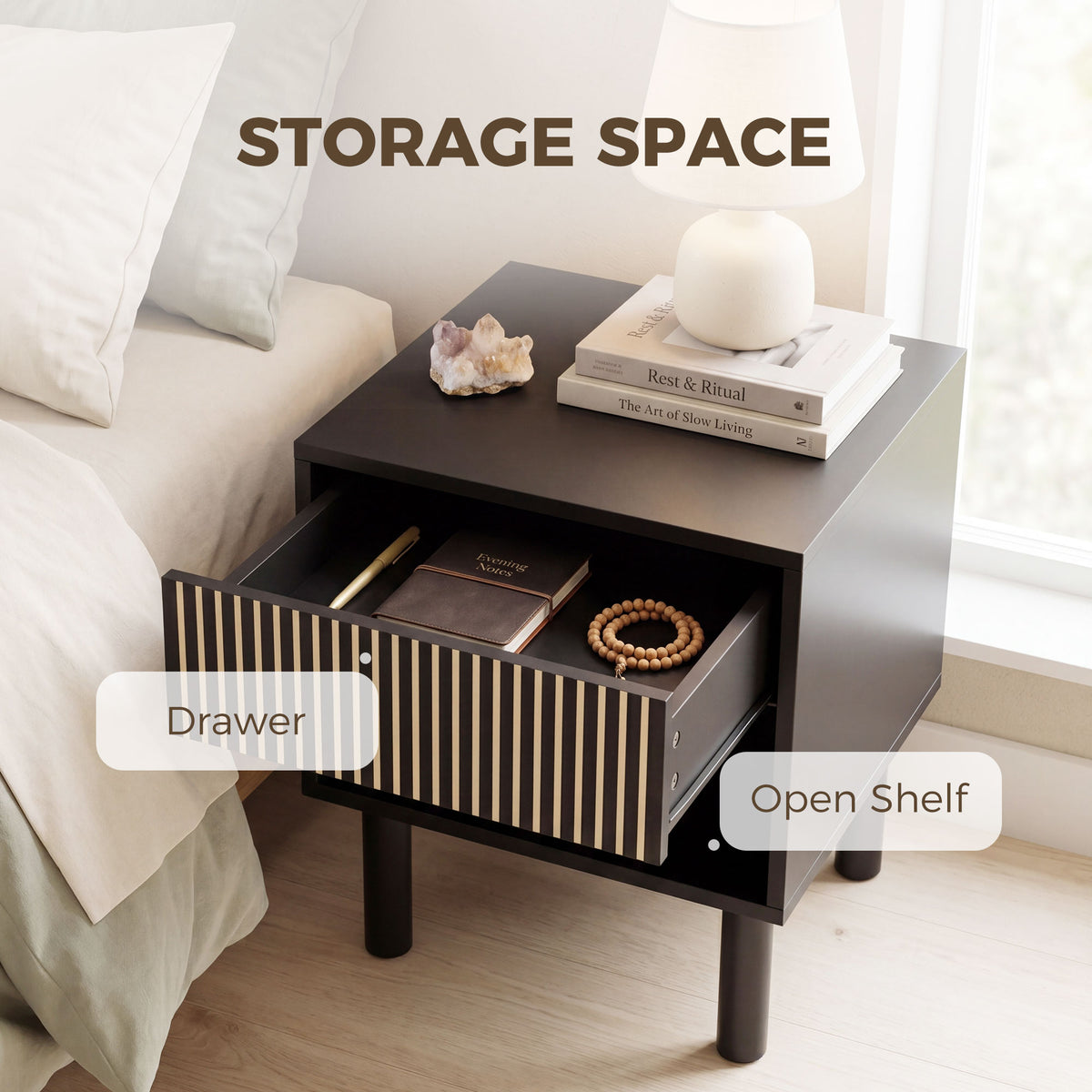 Bedside Tables with Drawer and Open Shelf, Set of 2 – 19"W x 20"H