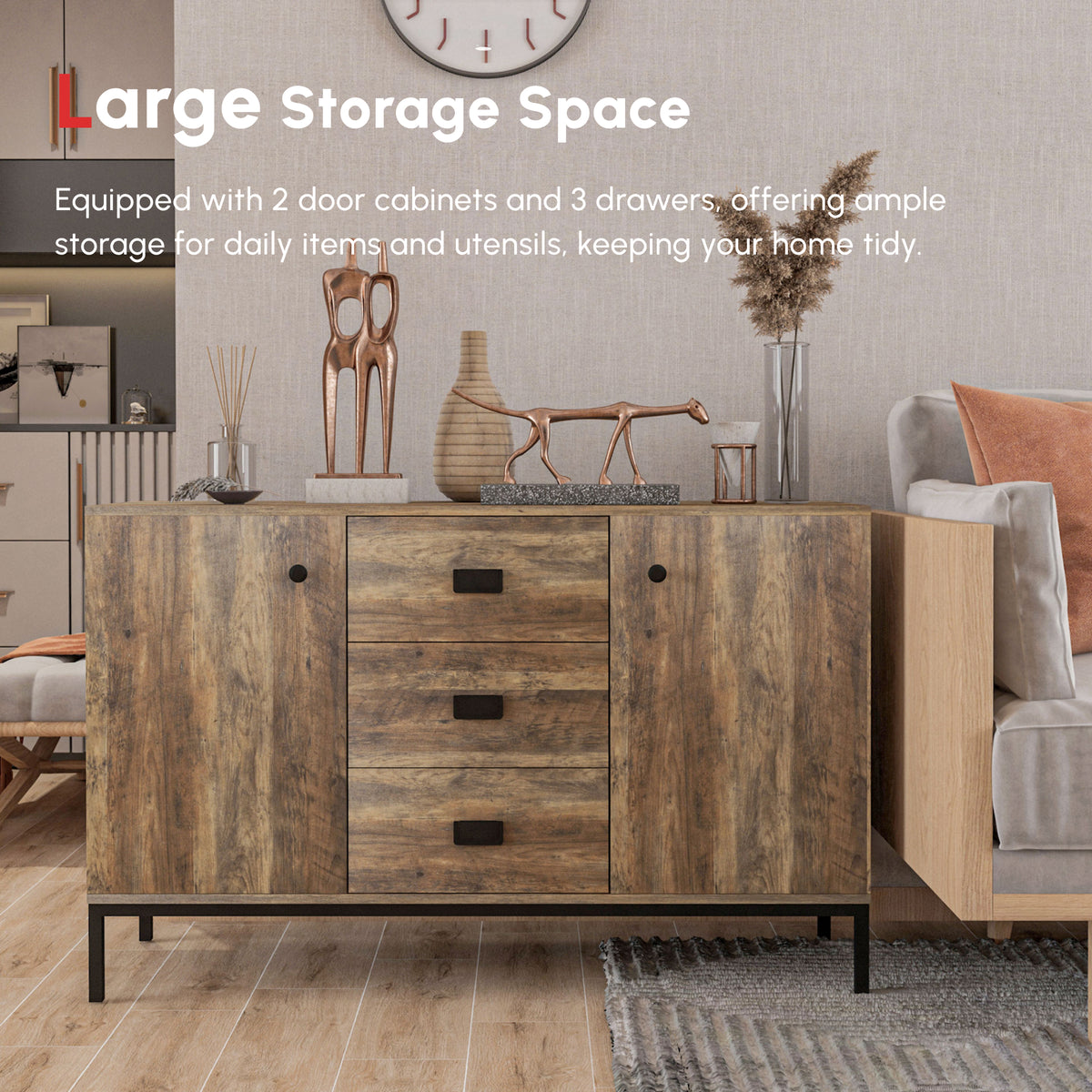 Industrial Sideboard with 2 Doors and 3 Drawers – 47"W x 30"H
